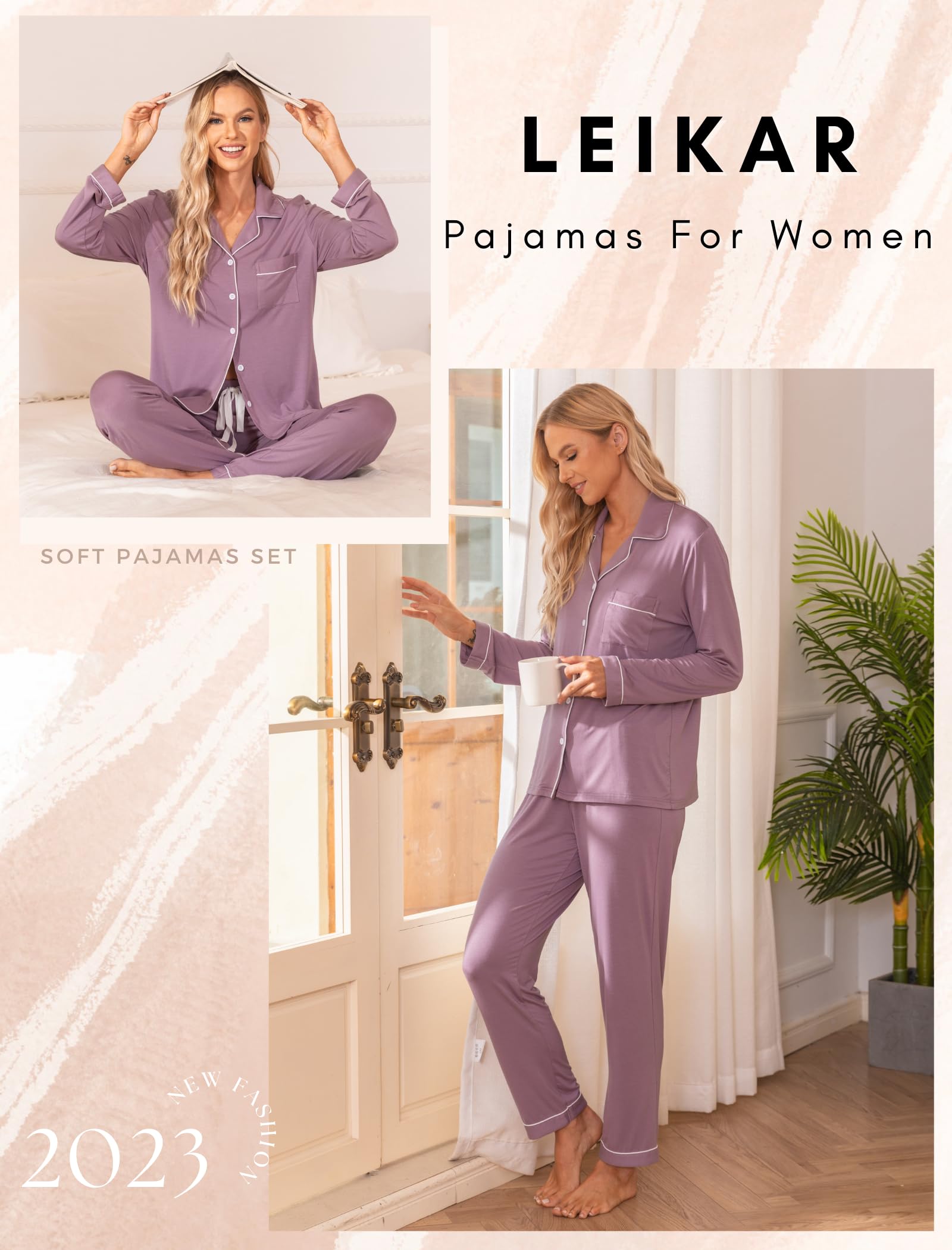 Leikar Women's Soft Button Up Pajama Set - Long Sleeve Shirt & Lounge Pants | Cozy Sleepwear for Nighttime & Relaxing at Home