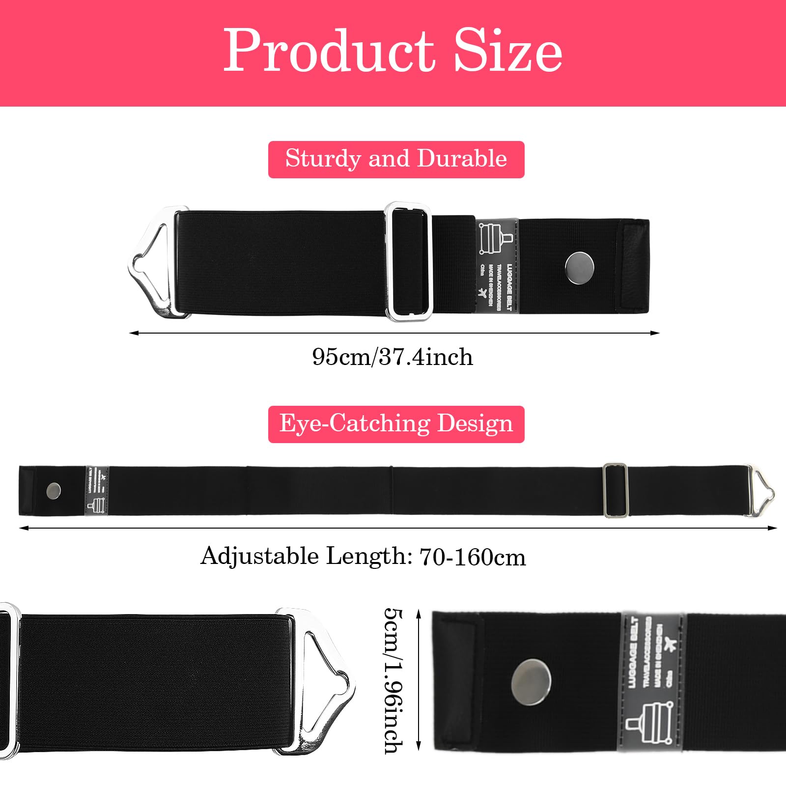 2-in-1 Adjustable Travel Luggage Belt Strap with Alloy Buckle - Elastic Carry On Bag Handle Strap for Suitcases & Backpacks - Perfect for Air Travel, Business Trips & Vacation Packing (Black)