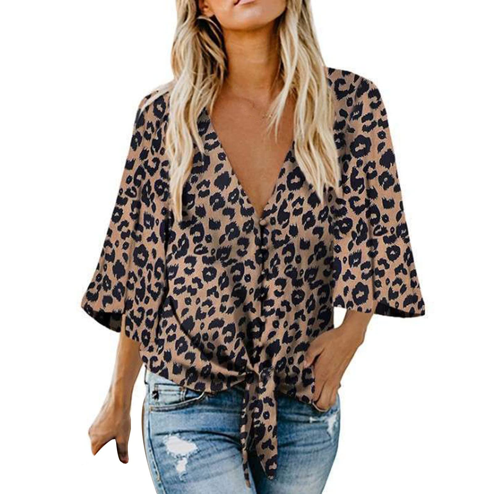 Eaktool Women's Summer Blouses - 3/4 Bell Sleeve Button Down Shirt, Solid Color Tops for Spring & Summer | Casual Office Wear, Date Night Outfits, Vacation Style