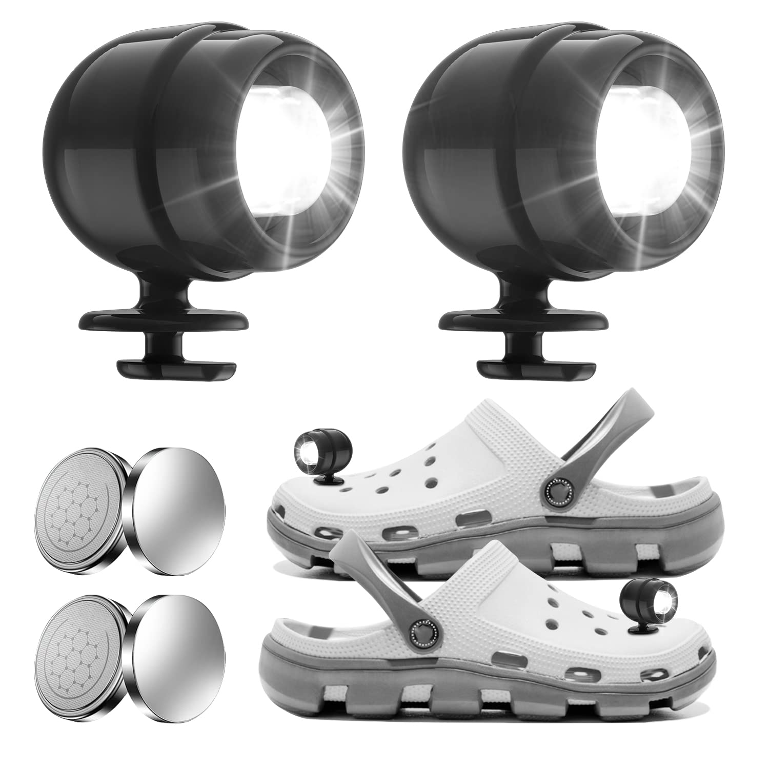 Minfow LED Clip-On Lights for Crocs - 2PCS Black Shoe Decorations with Flashlight Function | Perfect for Night Walking, Camping, Hiking & Outdoor Activities