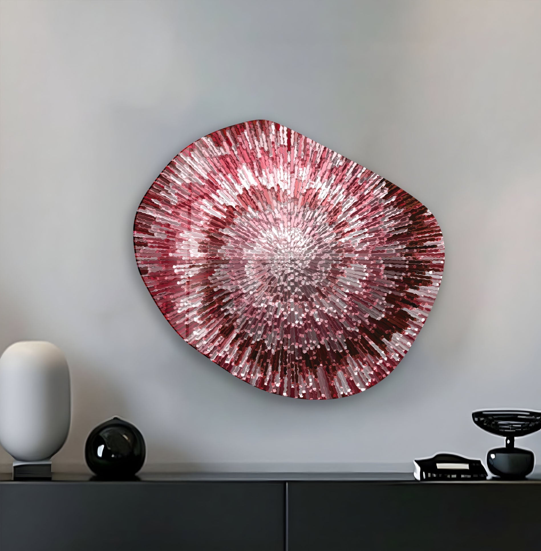 Abstract Red Lines Oval Glass Wall Art - Modern Home Decor for Living Room, Bedroom & Office - Elegant Handmade Glass Artwork