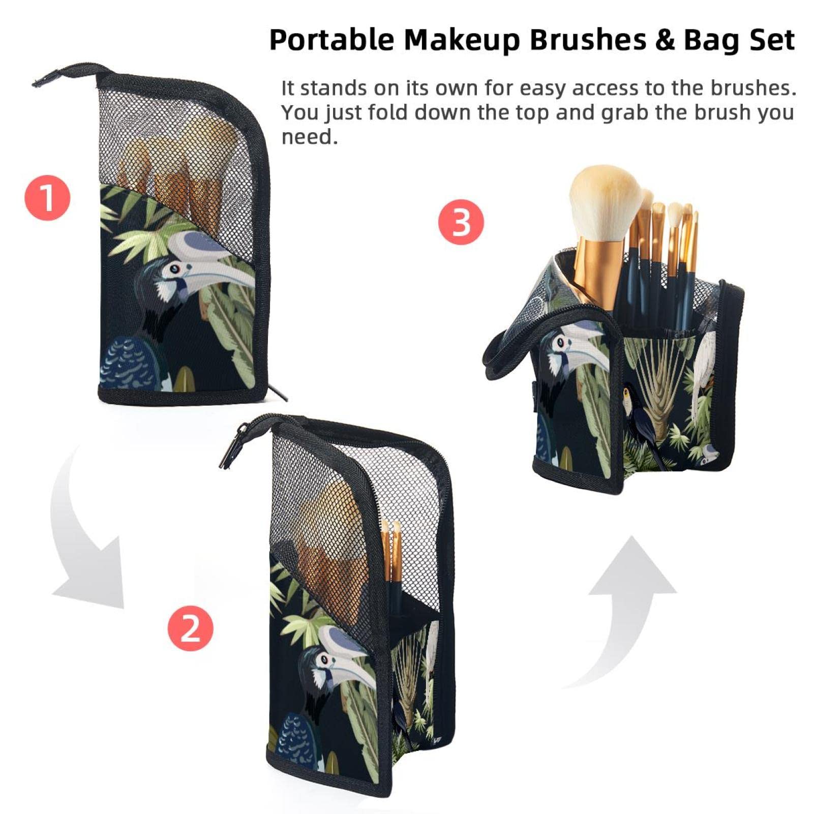 Jungle World Toucan Parrot Makeup Brush Organizer Bag with 12 Slots - Portable Waterproof Cosmetic Brush Holder Case for Travel, Home & Professional Makeup Artists