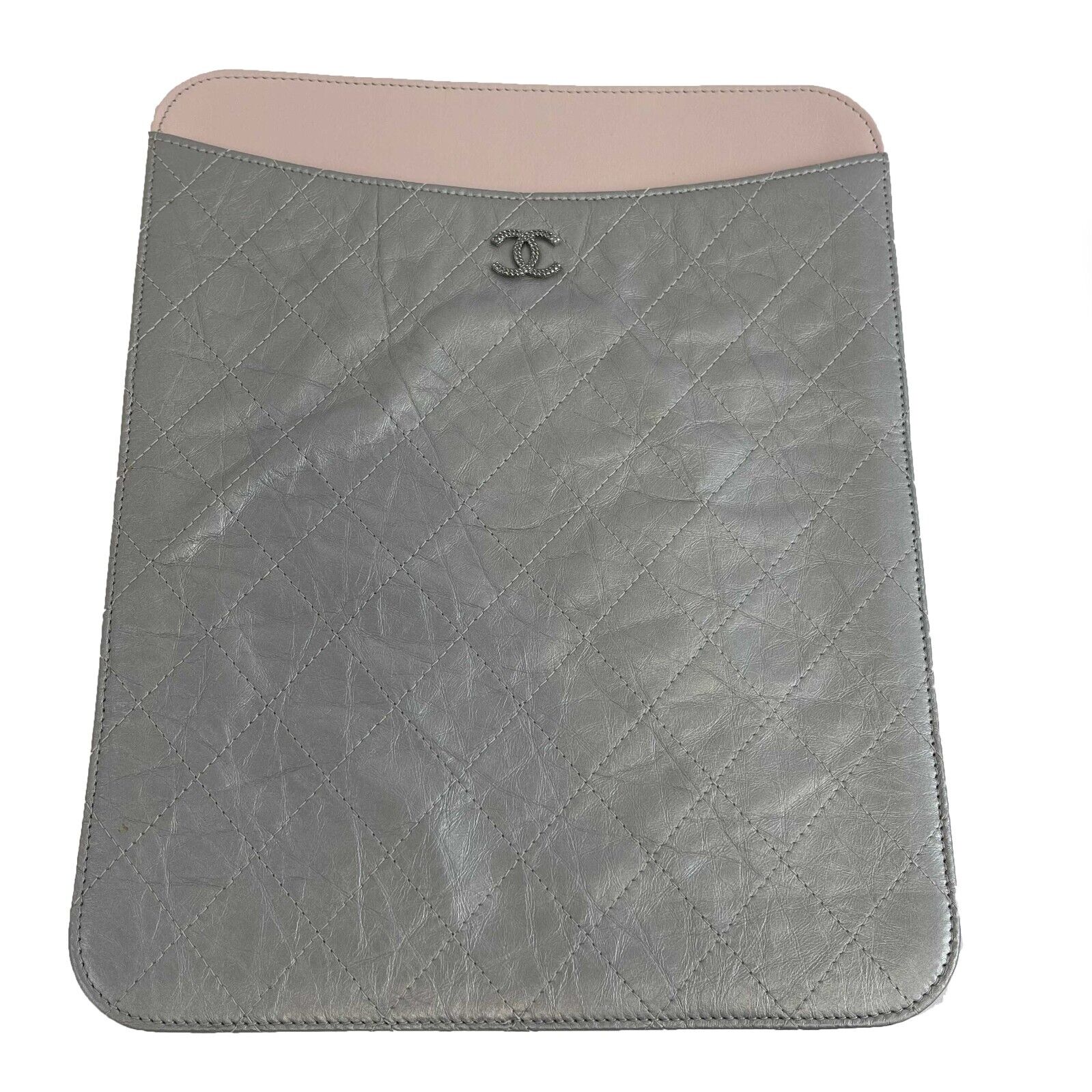 CHANEL CC Aged Calfskin iPad Case Cover - Silver & Pink Luxury Leather Sleeve for iPad Pro/Air/Mini | Perfect for Work, Travel & Fashion Accessory