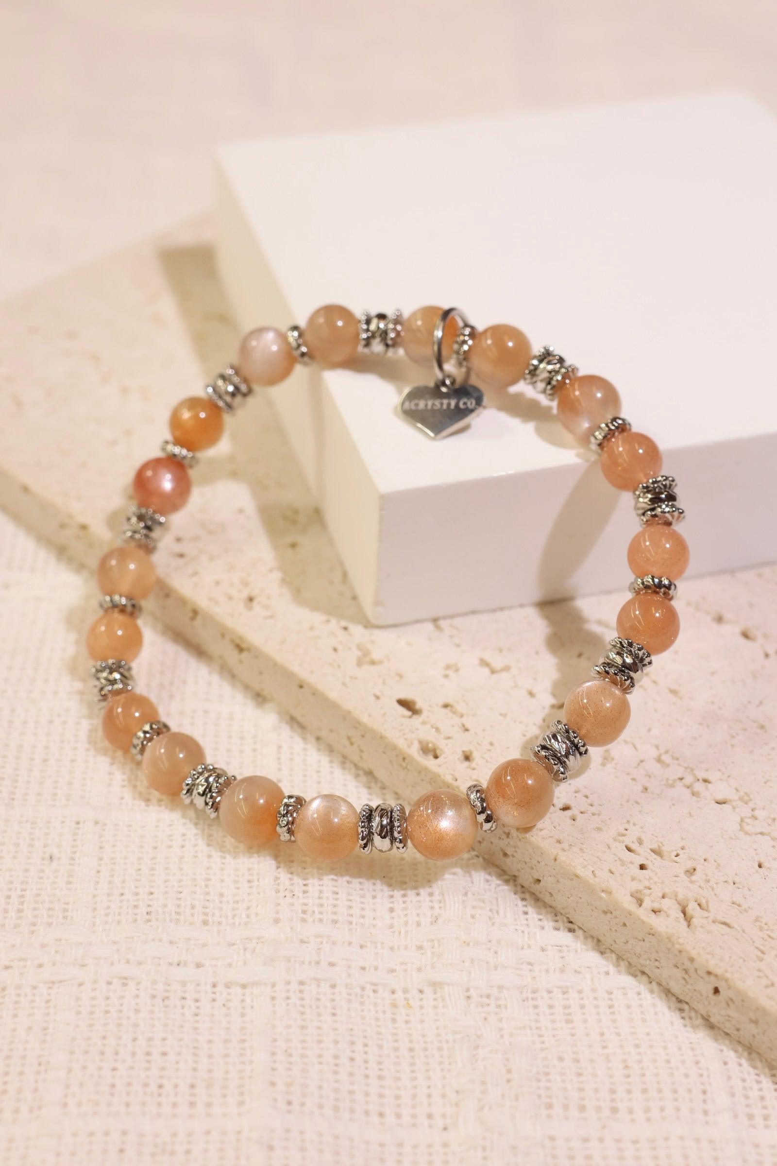 Premium Confetti Peach Moonstone Bracelet for Women - Natural Gemstone Beaded Stretch Bracelet - Boho Chic Jewelry for Everyday Wear, Gift Giving & Special Occasions