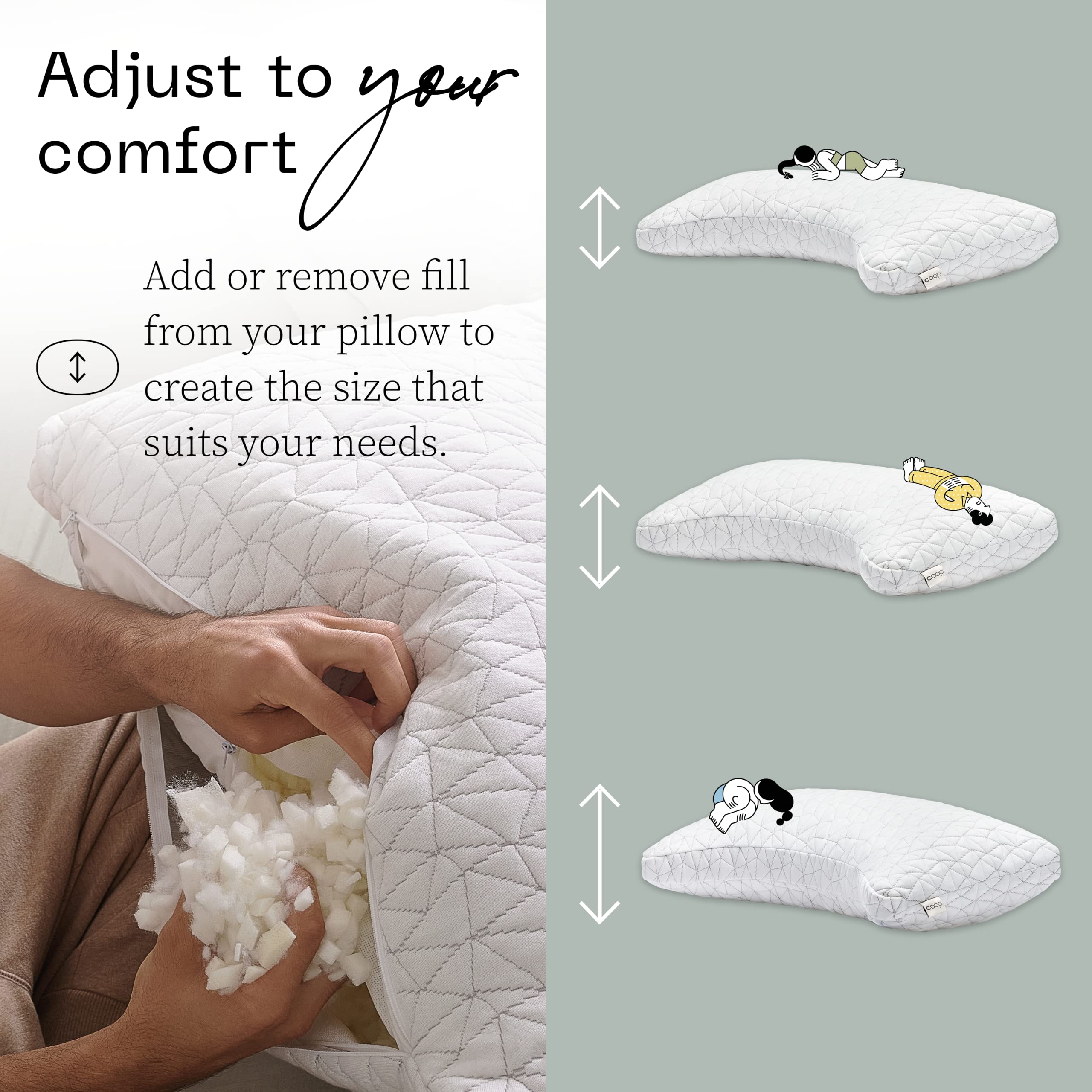 Coop Home Goods Original Crescent Adjustable Pillow - Queen Size Memory Foam Pillow for Shoulder, Neck & Head Support - Medium Firm Orthopedic Pillow for Back & Side Sleepers - CertiPUR-US & GREENGUARD Gold Certified - Perfect for Home, Office & Travel Use