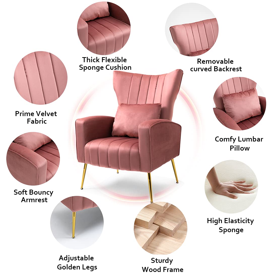 X-VOLSPORT Velvet Accent Chairs Set of 2 - Mid Century Modern High Back Living Room Chairs with Waist Pillow, Upholstered Armchairs with Gold Metal Legs for Bedroom, Club, Office & Lounge - Soft Pink Velvet Fabric for Cozy Home Decor