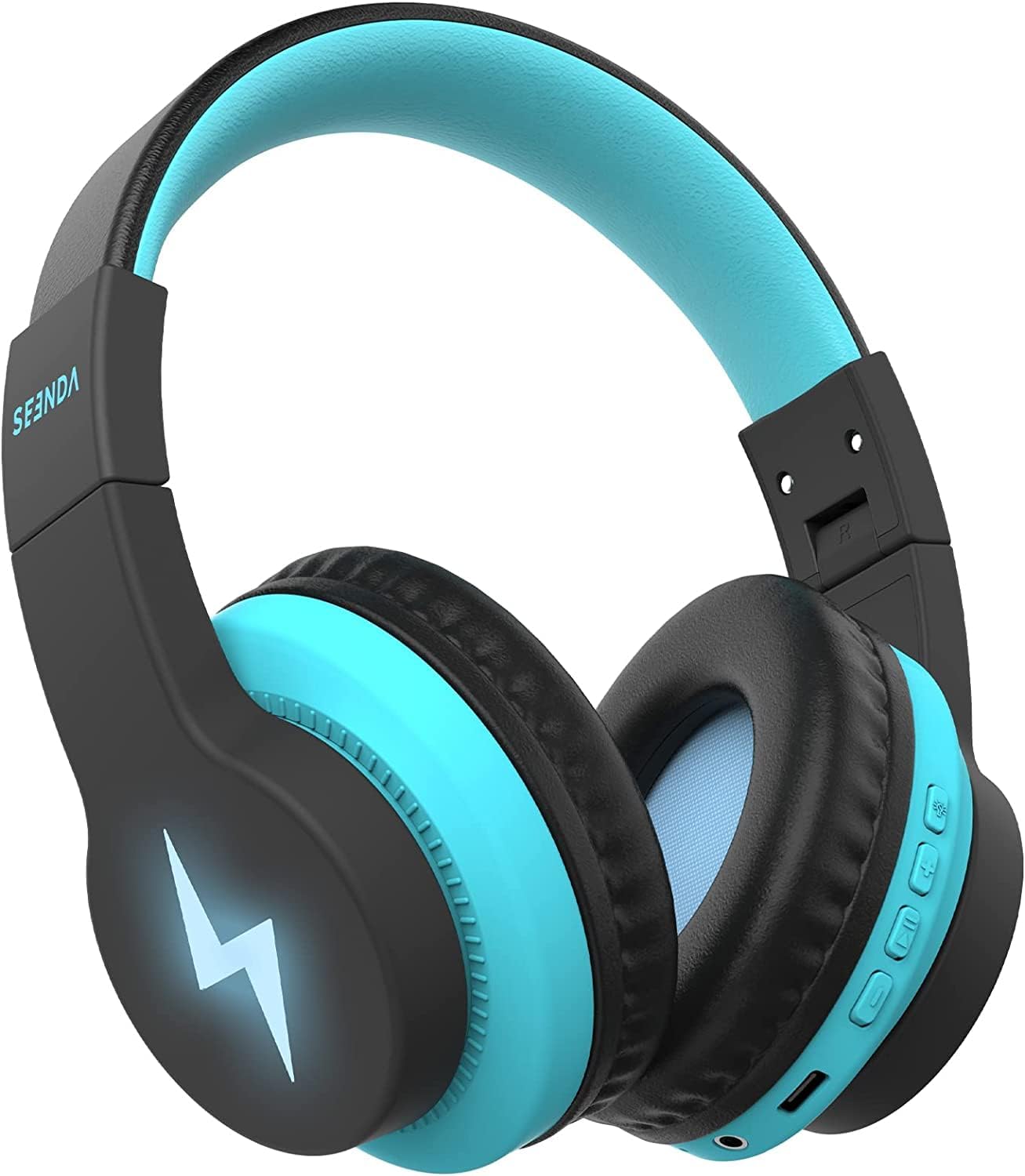 Seenda Kids Bluetooth Headphones with LED Lights - Foldable Over-Ear Wireless/Wired Headset (85dB/94dB Volume Limited) for School, Travel, Gaming & TV - Compatible with PC, Tablet, Airplane - Black & Blue | Perfect for Online Classes, Long Flights & Entertainment