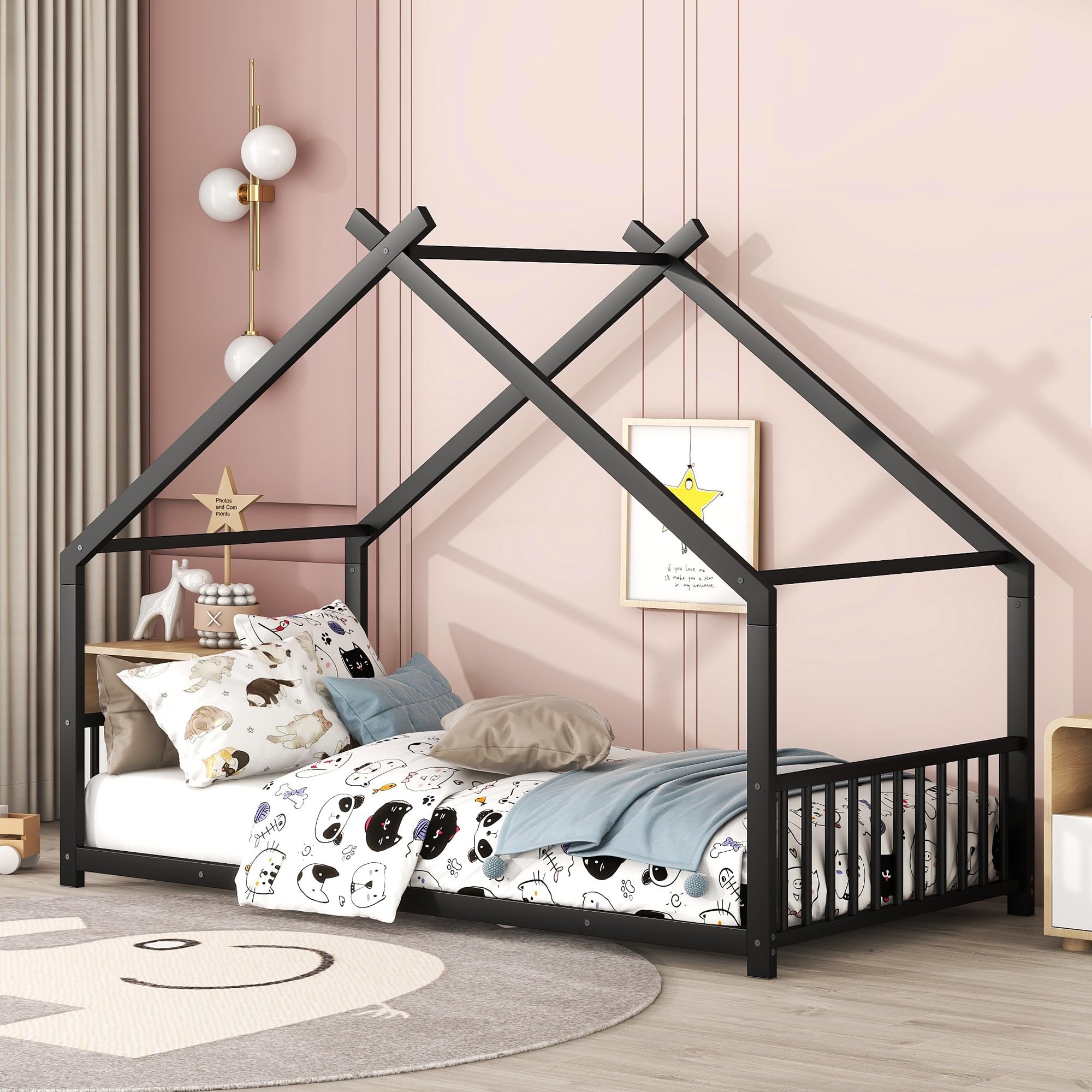 Harper & Bright Designs Twin House Bed for Kids - Metal Montessori Floor Bed with Headboard & Footboard - Twin Size Bed Frame with Slats Support - Ideal for Girls & Boys Bedrooms, Playrooms, or Montessori Classrooms - Black