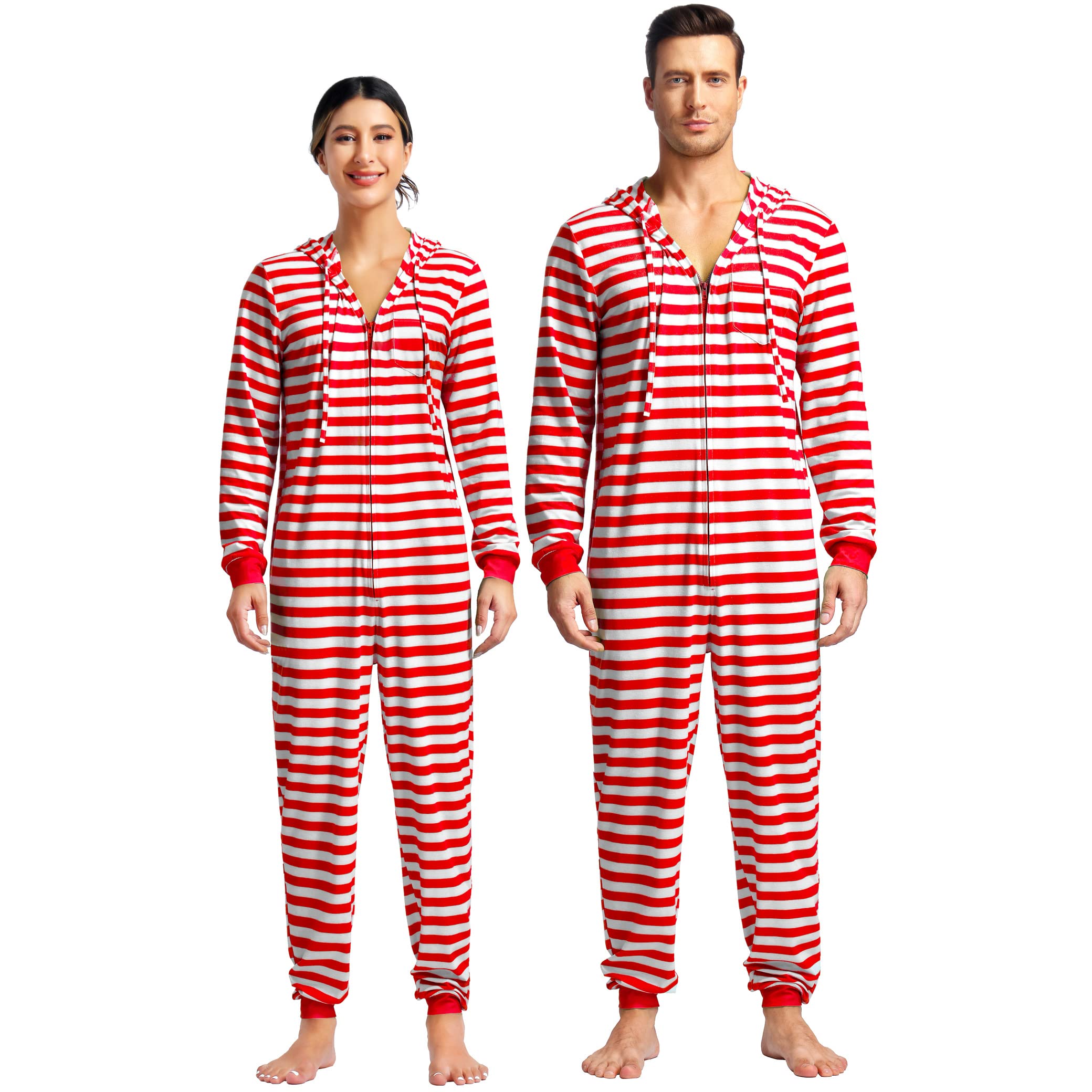 Kranchungel Adult Onesie Pajamas - Hooded Fleece Jumpsuit for Women & Couples, Family Matching Holiday Pajamas (Red, Medium) - Cozy Loungewear for Christmas, Halloween & Sleepovers