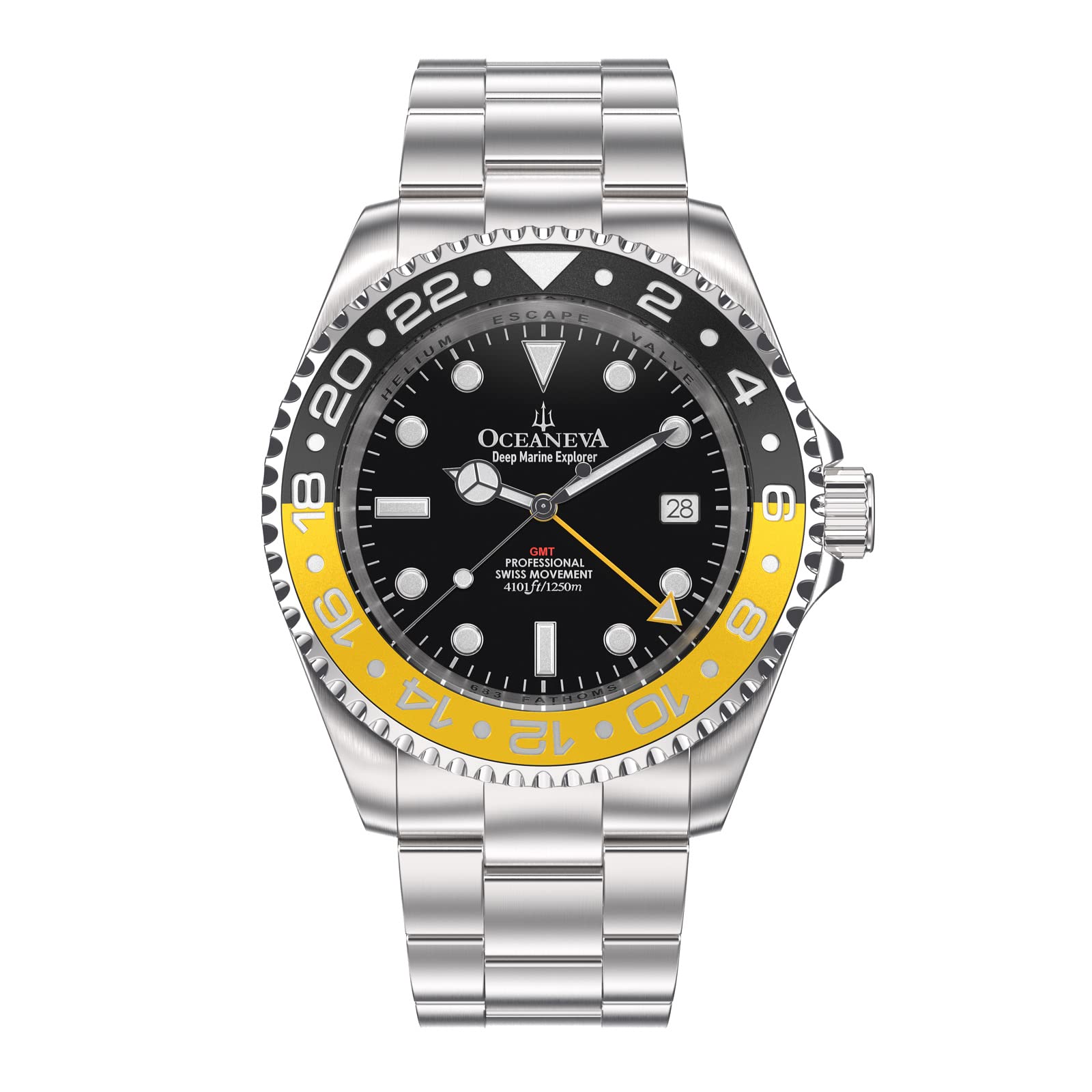 Oceaneva Men's GMT Deep Marine Explorer Watch - Yellow & Black Swiss Automatic Diving Watch with 1250M Water Resistance - Stainless Steel Bracelet & Swiss Movement - Perfect for Professional Divers, Water Sports & Luxury Fashion Accessories