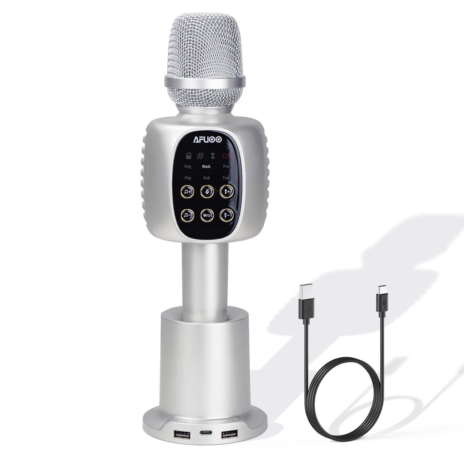 Wireless Bluetooth Karaoke Microphone Speaker with Duet Mode & Wireless Charging - Portable Singing Mic for Adults & Kids, Compatible with Smartphone/PC - Perfect for Home Parties, Karaoke Nights & Public Speaking (Silver)