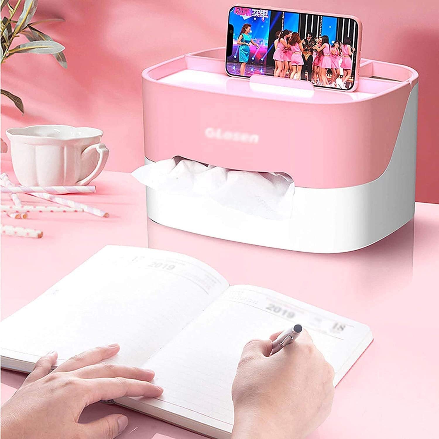 Decorative Tissue Box Cover with Phone Holder - Stylish Home Decor for Living Room, Bedroom & Office | Facial Tissue Dispenser Organizer (Style A)