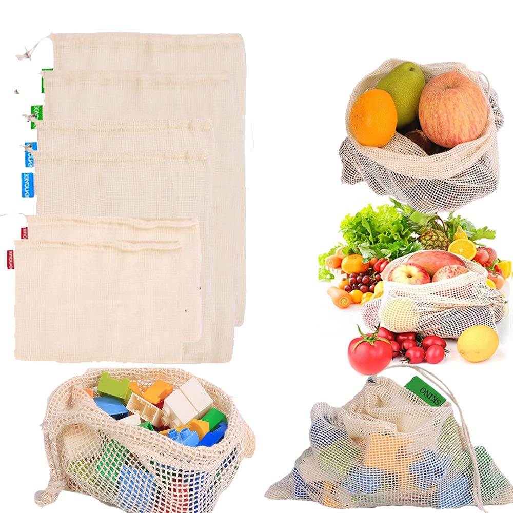 Reusable Organic Cotton Mesh Produce Bags - Eco Friendly Washable & Durable 6-Piece Set with Drawstring for Vegetables, Fruits, Grocery Shopping & Toy Storage | Perfect for Farmers Markets, Zero Waste Lifestyle & Kitchen Organization