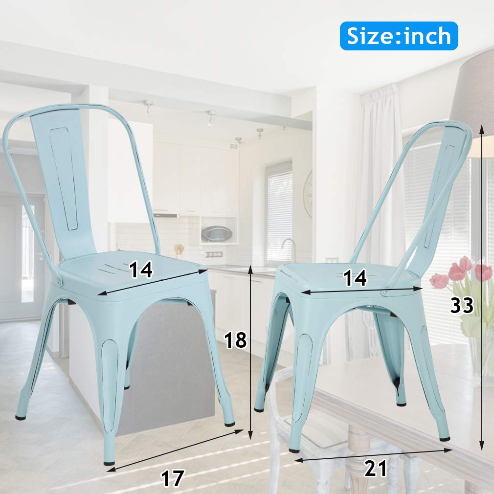 Metal Dining Chairs Set of 4 - Indoor Outdoor Stackable Bistro Chairs 330LBS Capacity - Rustic Industrial Cafe, Kitchen, Farmhouse, Pub & Restaurant Chairs in Blue - Perfect for Home, Patio, Coffee Shop & Dining Areas