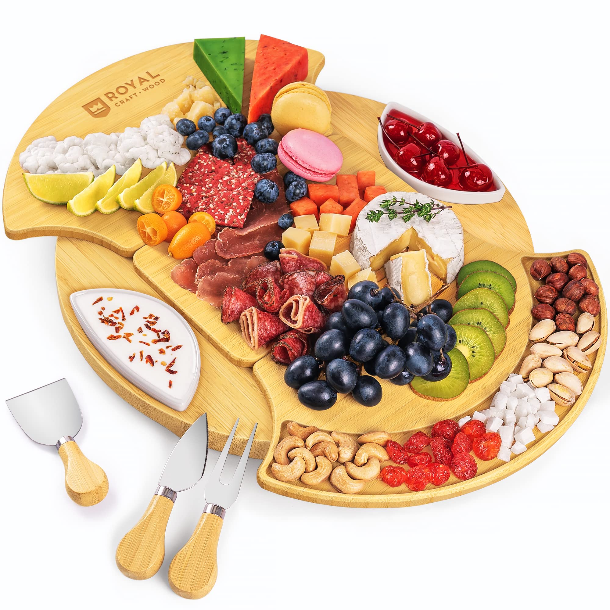 13.7 Inch Large Round Bamboo Cheese Board and Knife Set - Charcuterie Platter, Wooden Cheese Tray & Cutting Board for Entertaining, Wine Pairing & Party Appetizers