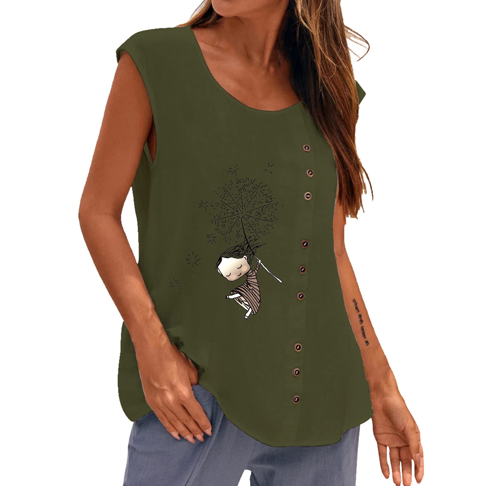 Women's Summer Casual Sleeveless V-Neck Tank Tops - Flowy Loose Fit Dandelion Printed Button Vest Tops for Beach, Yoga & Everyday Wear