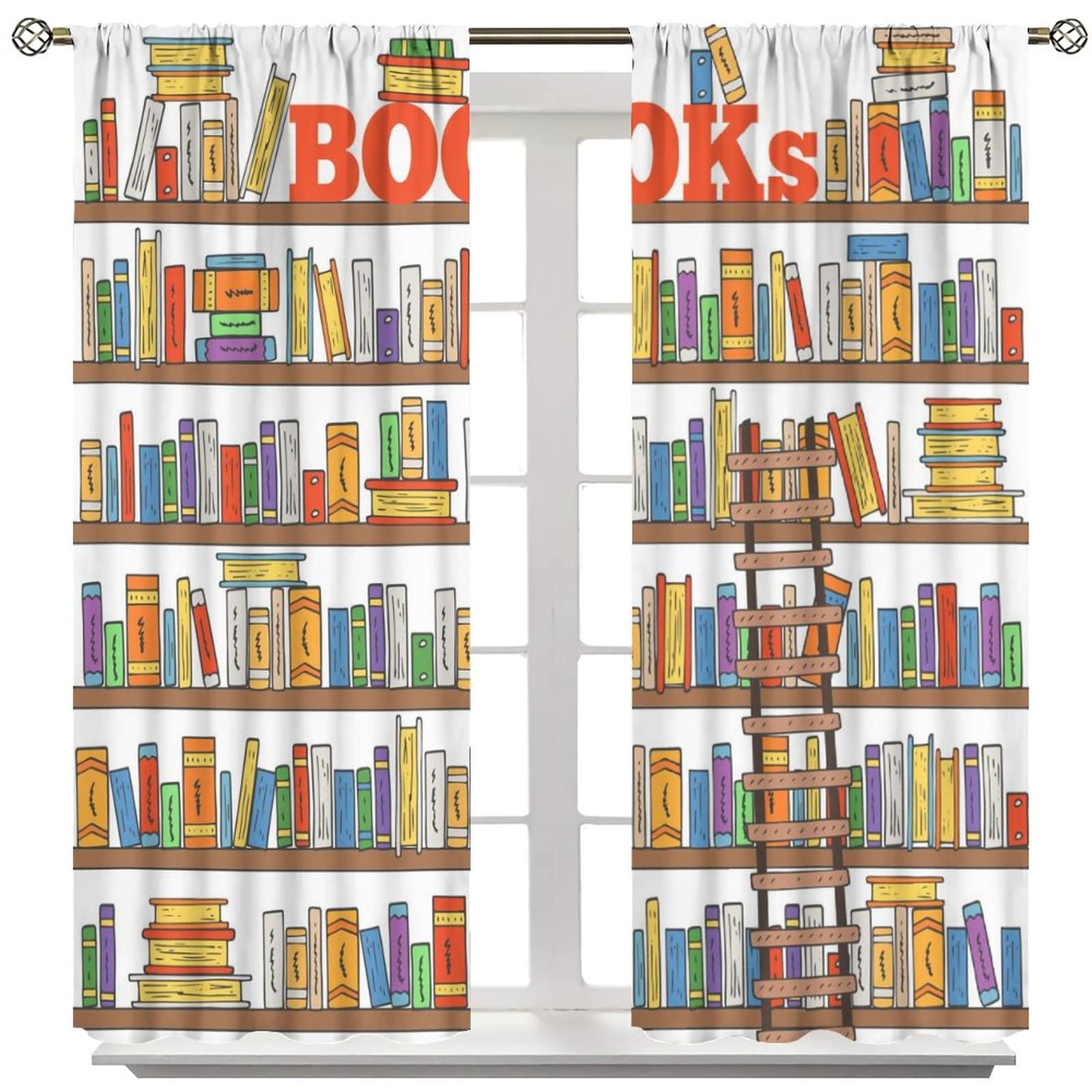 Modern Bookshelf Blackout Curtains - 42x45 Inch Jacquard Library Ladder Design for Kids Room & Bedroom Decor - Perfect for Reading Nooks, Study Areas, and Nursery Blackout Solutions