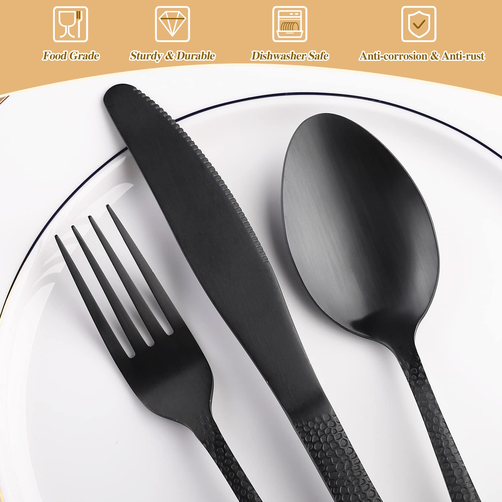 Matte Black Hammered Silverware Set for 8 - SANLUNS 40-Piece Modern Flatware Set with Stainless Steel Cutlery (Knives, Forks, Spoons) - Dishwasher Safe Fine Dining Utensils for Restaurants, Weddings & Elegant Dinner Parties