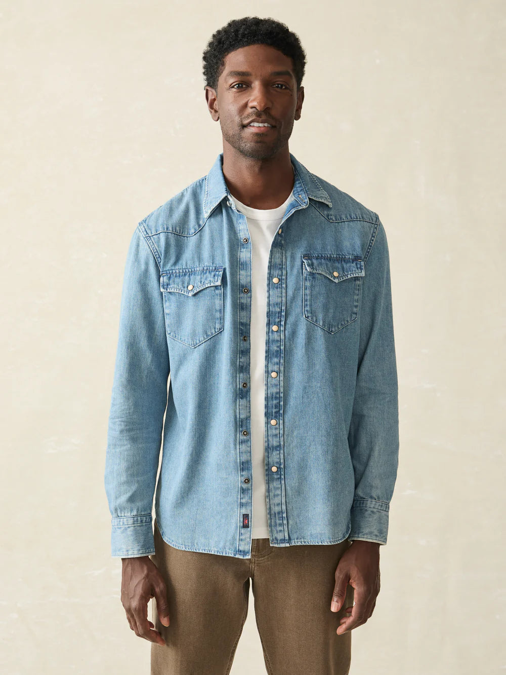 FAHERTY Faded Indigo Western Shirt for Men - Vintage Denim Cowboy Shirt with Pearl Snap Buttons - Perfect for Rodeo, Country Music Festivals & Casual Wear