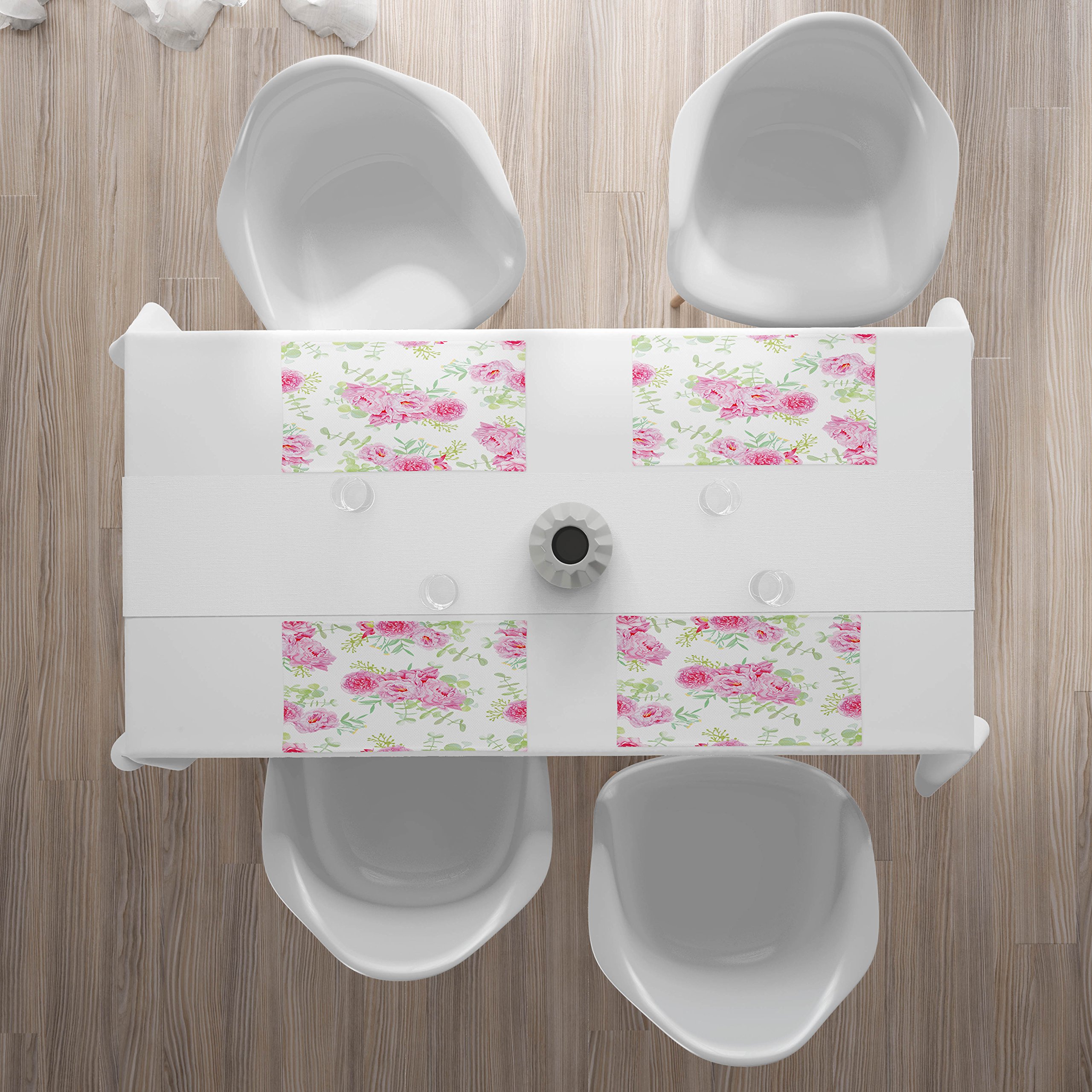 Lunarable Shabby Floral Place Mats Set of 4 - Serenity Garden Theme with Pastel Peonies & Green Leaves, Washable Fabric Table Mats for Dining Room & Kitchen Decor in Pale Pink & Green | Perfect for Spring Tablescapes, Brunch Parties & Farmhouse Style Home Decor