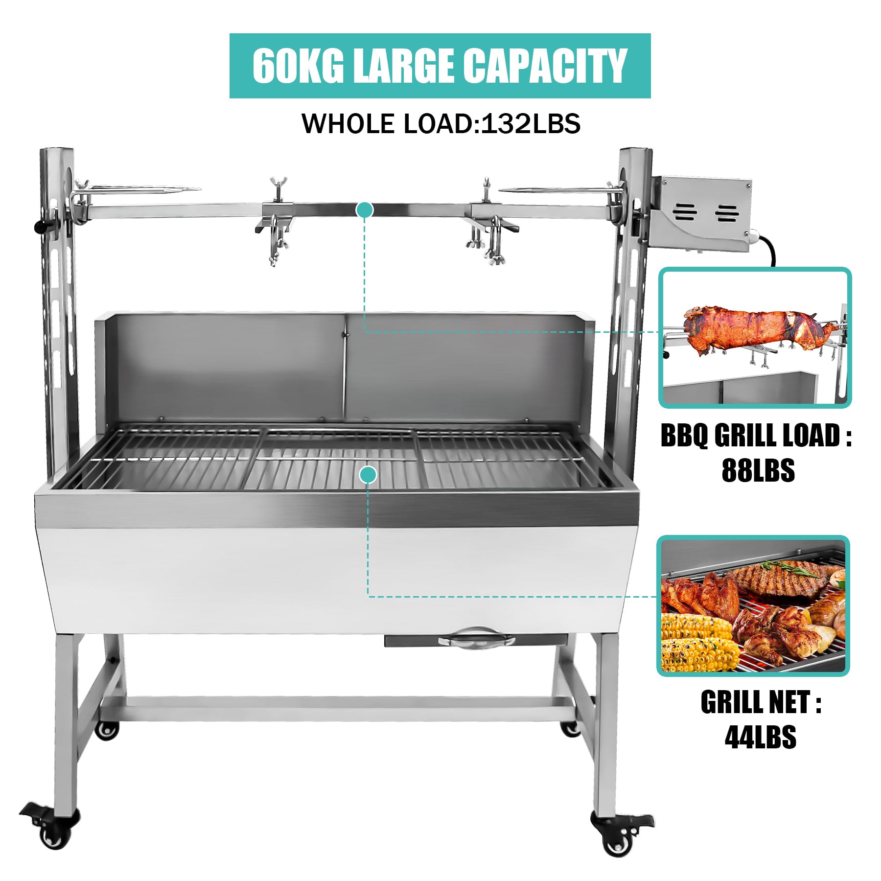 Premium 132LBS Heavy-Duty Charcoal BBQ Rotisserie Grill - Adjustable Height Hog Roaster & Lamb Spit Machine with Baffle for Outdoor Cooking, Camping, Picnics, and Backyard Parties