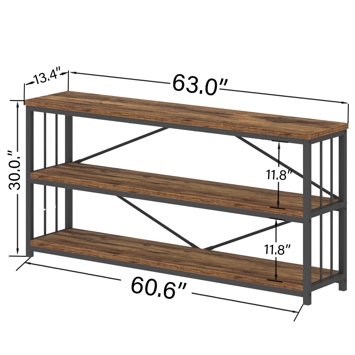 LVB Rustic 3-Tier Entryway Table - Industrial Long Wood Sofa Table Behind Couch - Farmhouse Narrow Console Table with Storage Shelf - Modern Hallway Entry Table for Foyer & Living Room - Rustic Brown (63