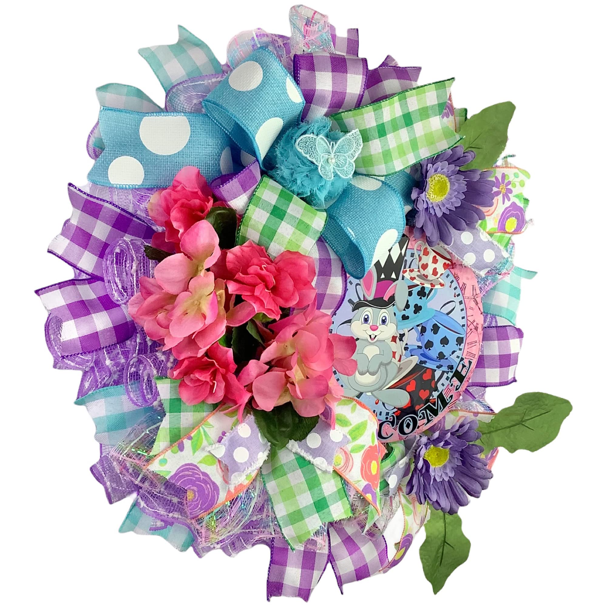 Welcome Rabbit Wreath - Spring Valentine Easter Door Decor with Chiffon Flowers & Butterflies | Seasonal Front Door Hanging for Home Holiday Decorations