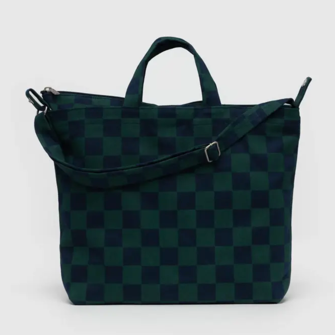 BAGGU Navy Green Check Horizontal Zip Duck Bag - Stylish & Durable Crossbody Bag for Travel, Work & Everyday Use