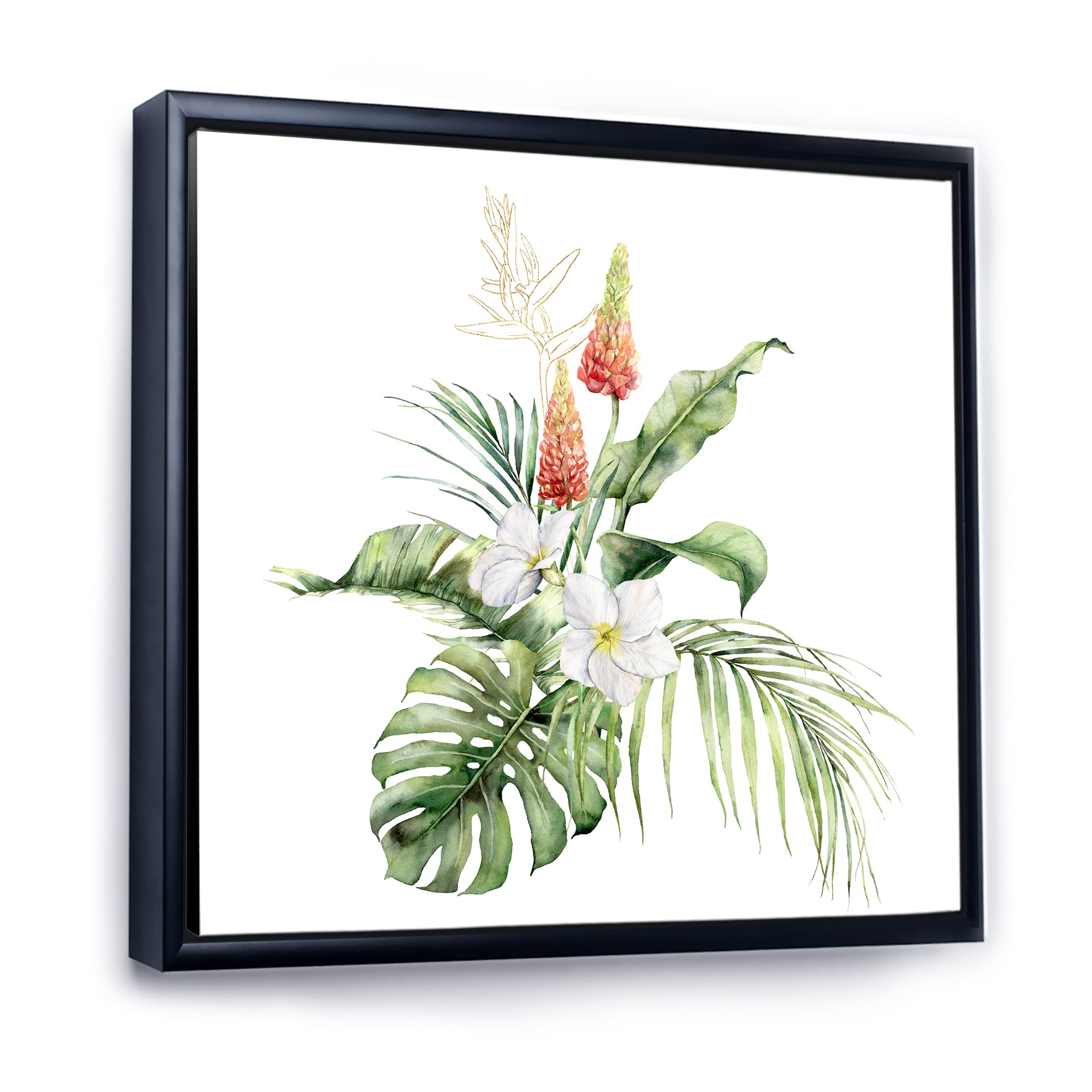 DesignQ Tropical Bouquet With Lupine Plumeria Palm Leaves - Traditional Framed Canvas Wall Art Print - Perfect for Beach House Decor, Living Room & Bedroom Wall Decor