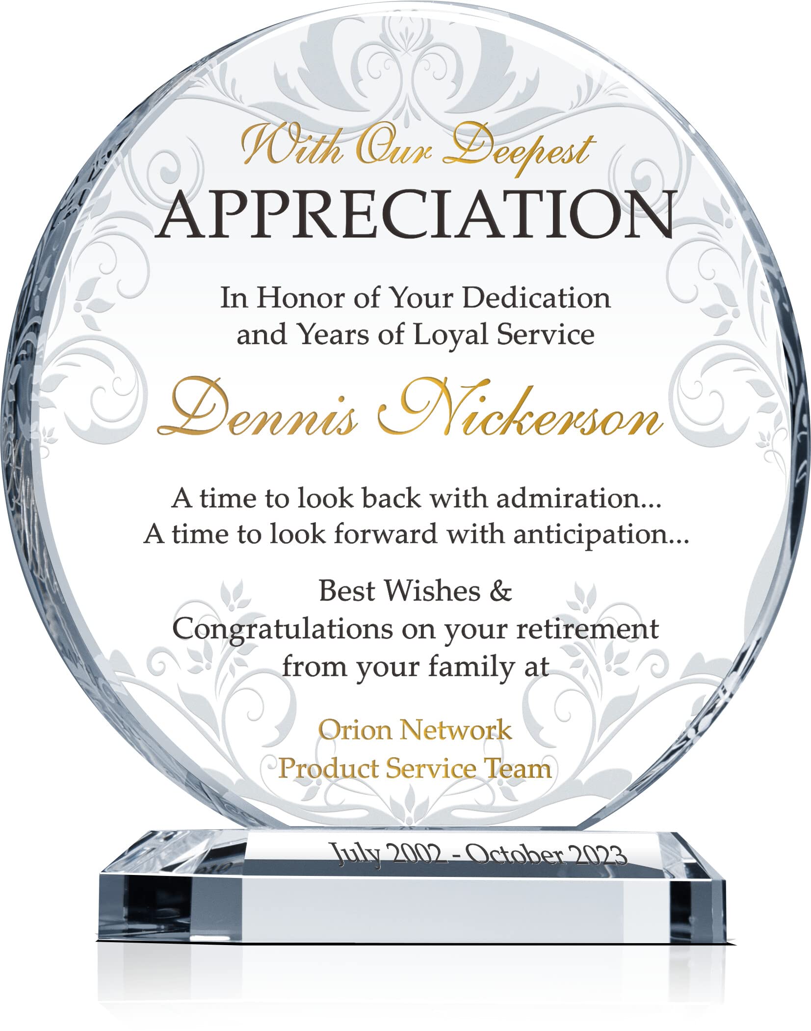 Custom Engraved Crystal Retirement Plaque - Personalized with Name & Date - Unique Retirement Gift for Managers, Employees, Coworkers & Friends (XL-10) - Perfect for Office Farewells, Retirement Parties & Appreciation Events