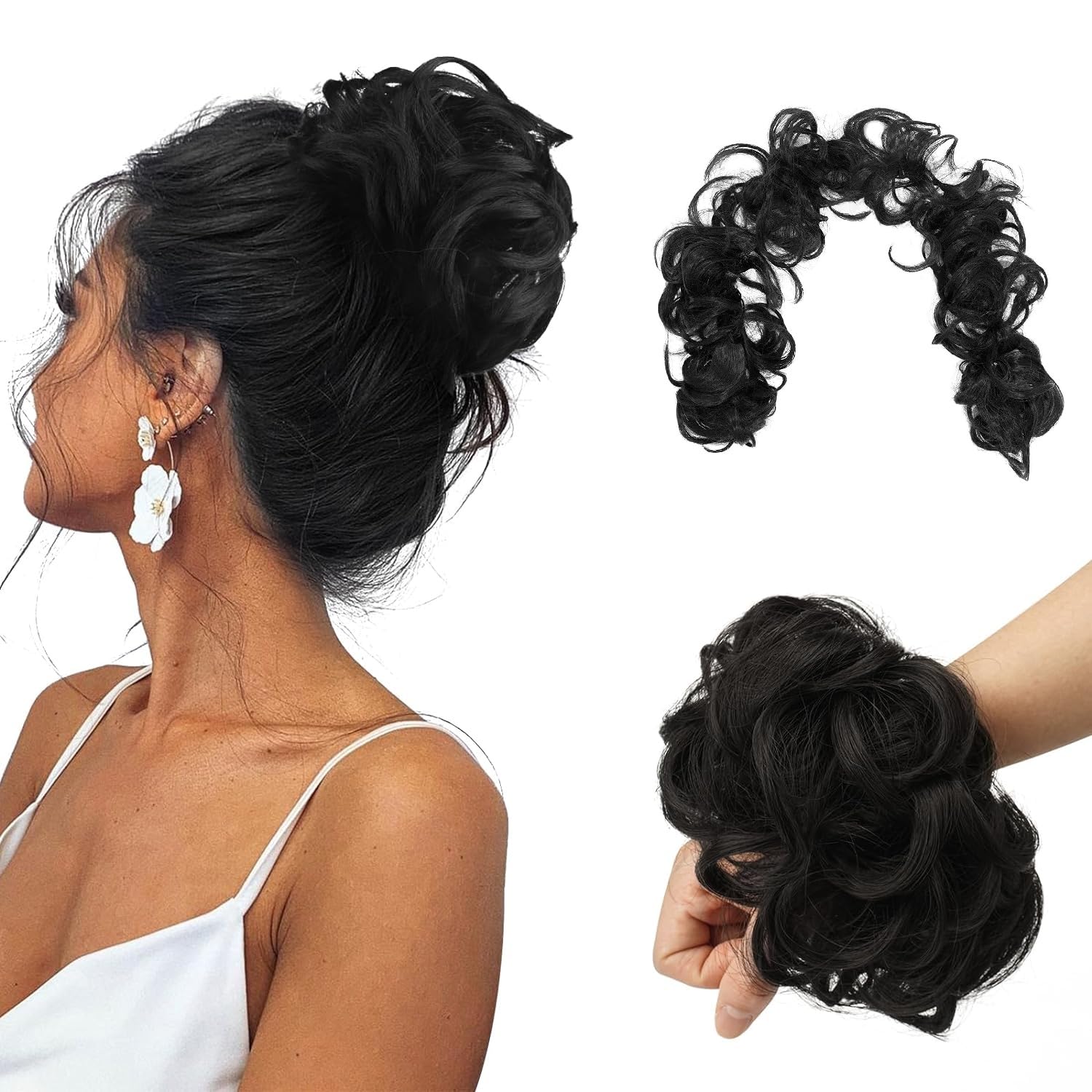 Prime Women's Synthetic Frill Hair Extensions for Ponytail & Bun - Juda Maker Messy Bun Hairpiece (Natural Black) 1-Pack | Perfect for Parties, Weddings & Everyday Styling