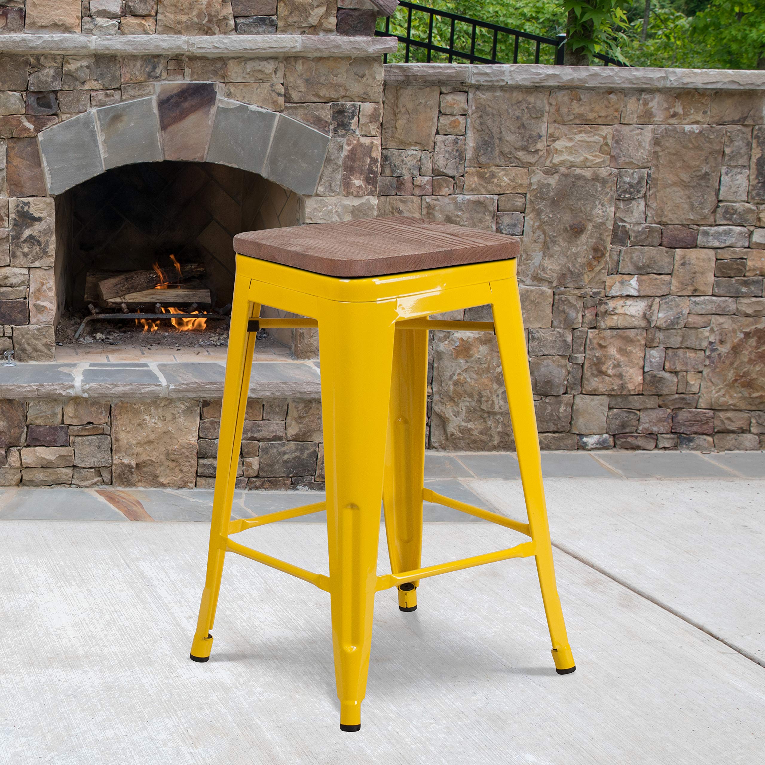 EMMA + OLIVER 24 Inch Backless Yellow Metal Bar Stool with Wooden Seat - Perfect for Kitchen Islands, Breakfast Bars & Small Spaces