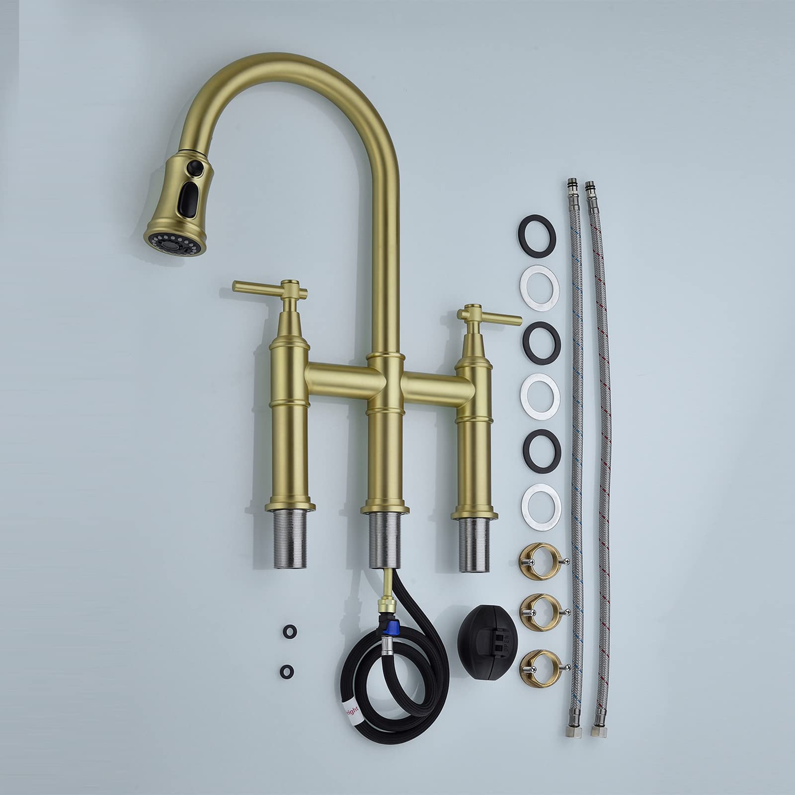 2-Handle High Arch Commercial Kitchen Faucet with Pull Down Sprayer - Solid Brass Gold Finish - 360° Swivel Sprayer for Easy Cleaning - Perfect for Restaurants & Home Kitchens