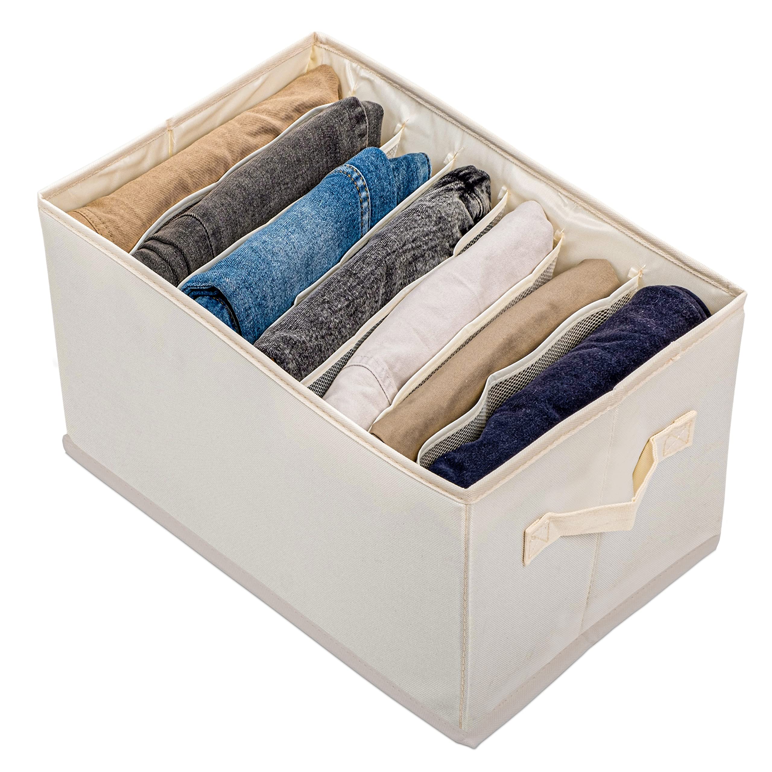 TSS Foldable Clothes Organizer with Reinforced Handle - Storage Baskets for Jeans, Sweaters, Dresses & T-Shirts | Closet & Drawer Organization Solution for Bedroom, Dorm or Nursery (Beige)