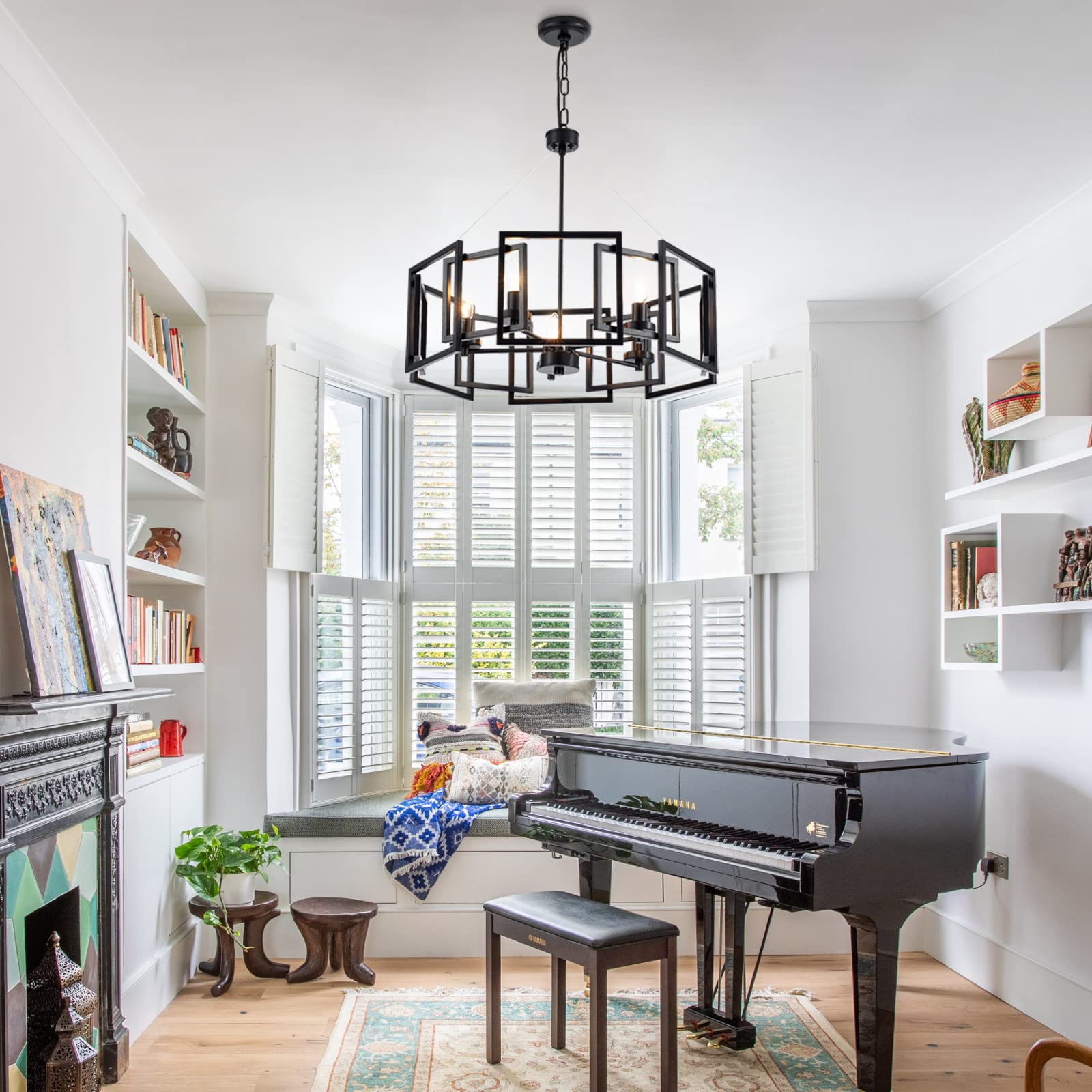 Industrial Style Chandelier - Matte Black Geometric Pendant Light Fixture with 5 Lights for Dining Room, Living Room, Kitchen Island & Bedroom | Perfect for Modern Farmhouse, Loft & Industrial Decor