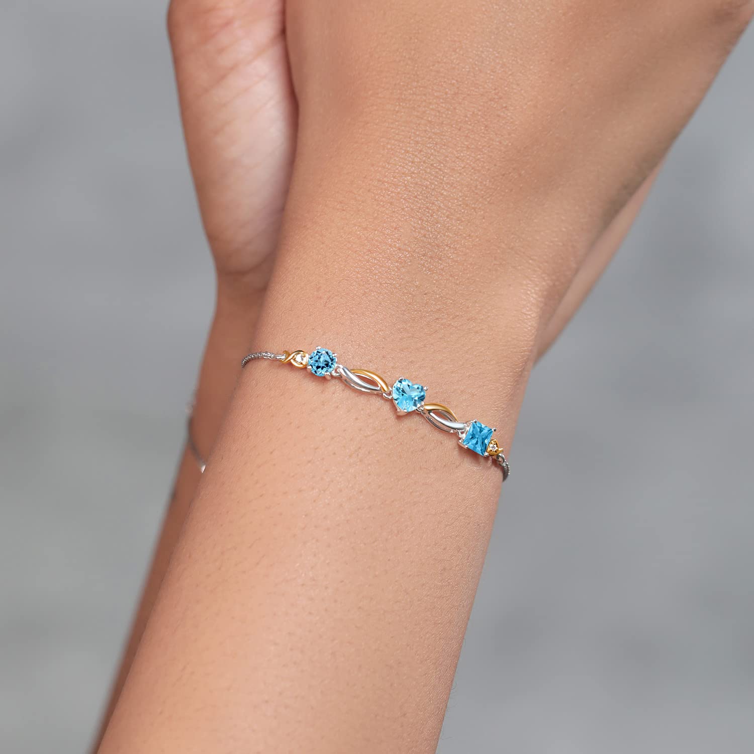 2.40 Ct Round Swiss Blue Topaz & 10K Yellow Gold Lab-Grown Diamond Bracelet for Women - 925 Sterling Silver Gemstone Jewelry | Perfect for Weddings, Anniversaries & Special Occasions