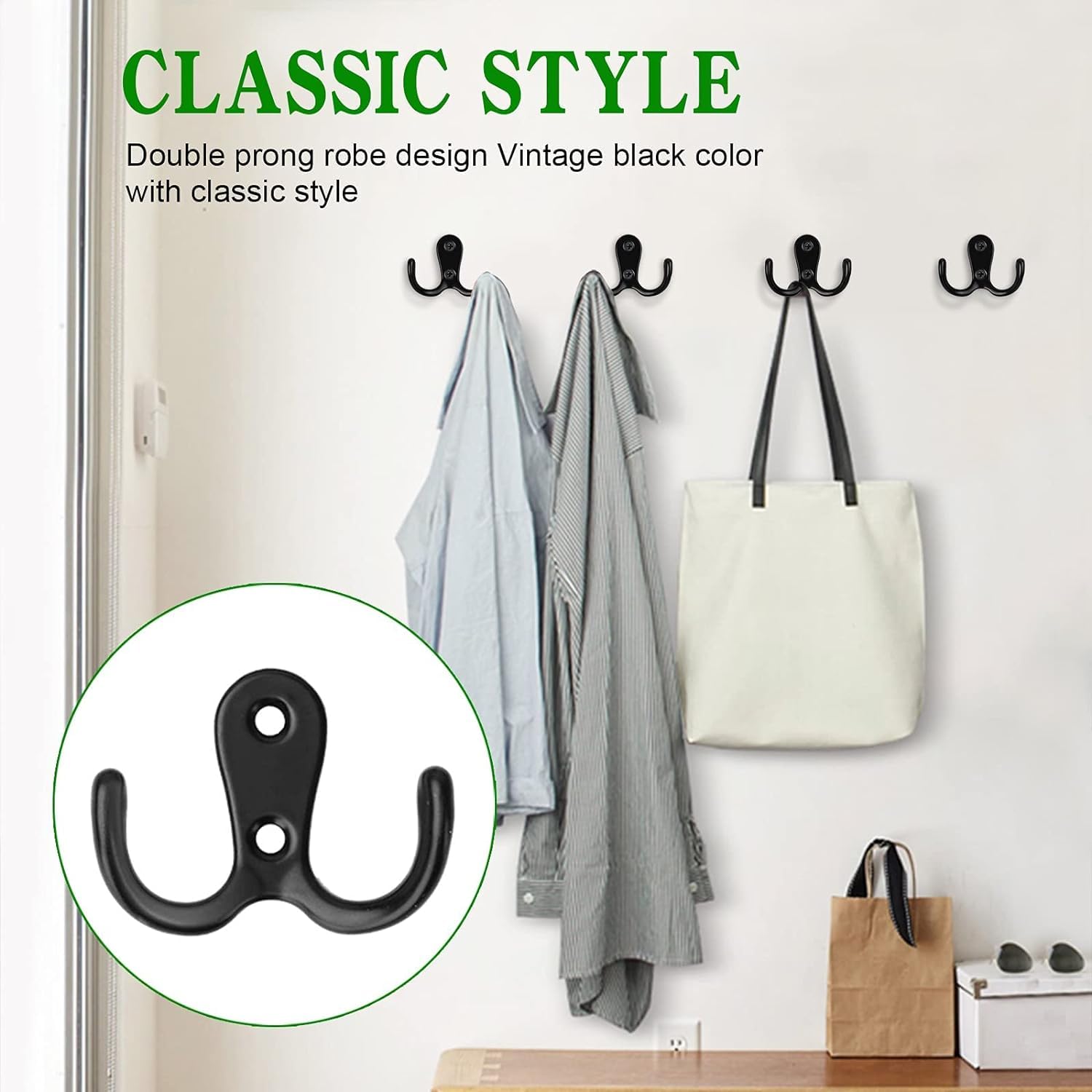 12 Pack Double Wall Hooks - Vintage Metal Coat Hooks with 48 Screws - Heavy Duty Retro Hooks for Bathroom, Kitchen, Closet & Entryway Organization (Black)