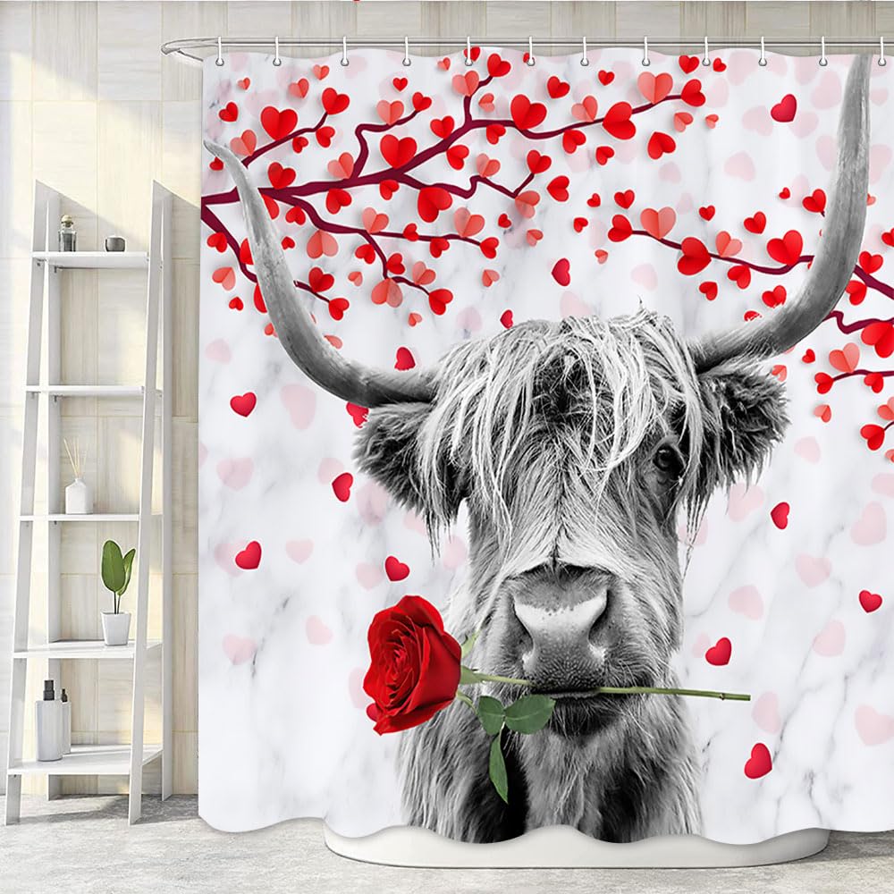 Funny Highland Cow Valentine's Day Shower Curtain - Farmhouse Western Rustic Bathroom Decor with Red Heart Tree Design, Includes Hooks (72x72 Inches) | Perfect for Farmhouse Bathrooms, Valentine's Gifts & Country-Themed Home Decor