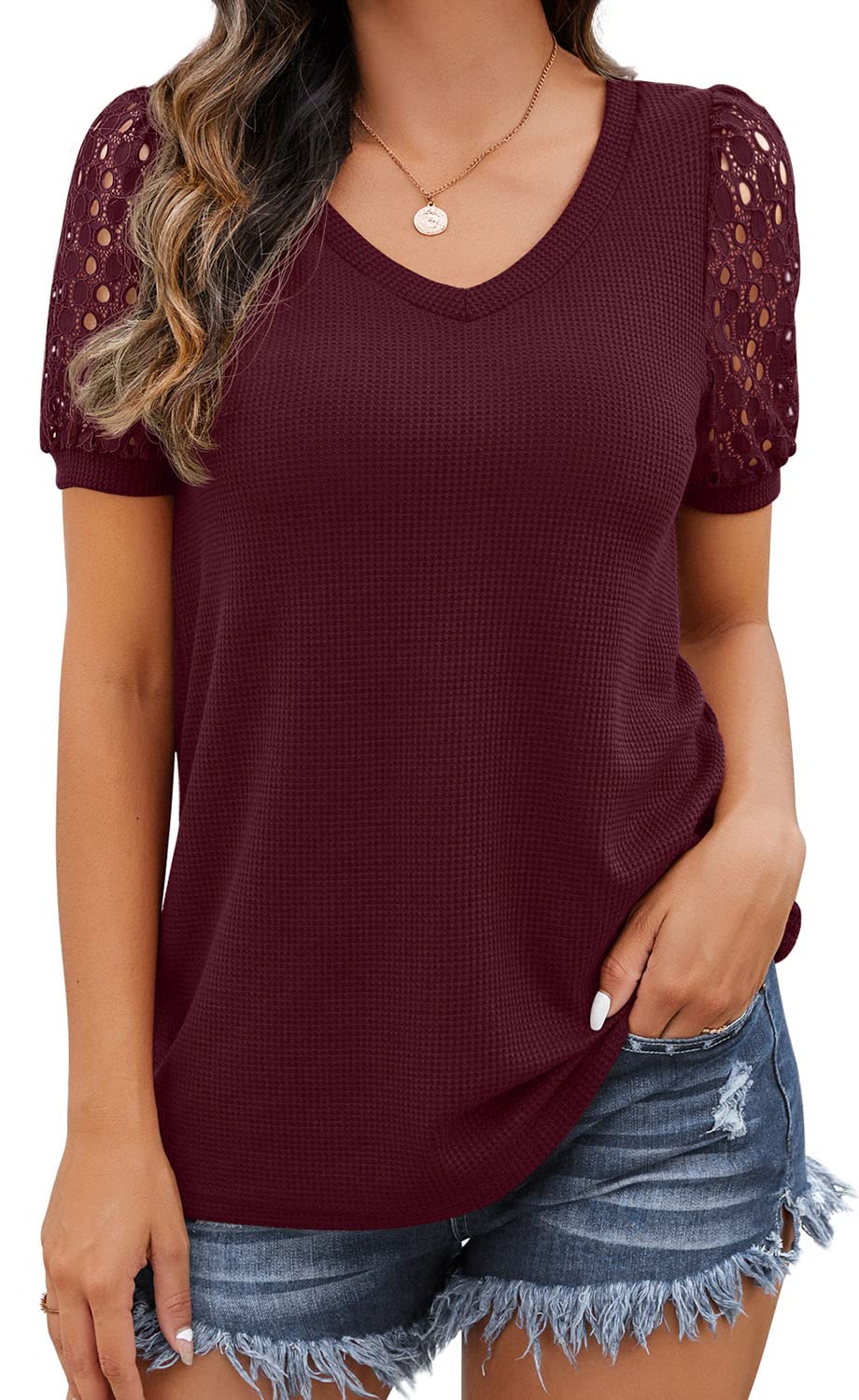 IWOLLENCE Women's Waffle Knit Lace Short Sleeve V-Neck T-Shirt - Summer Casual Blouse Top for Women | Perfect for Beach Outings, Date Nights & Weekend Brunch