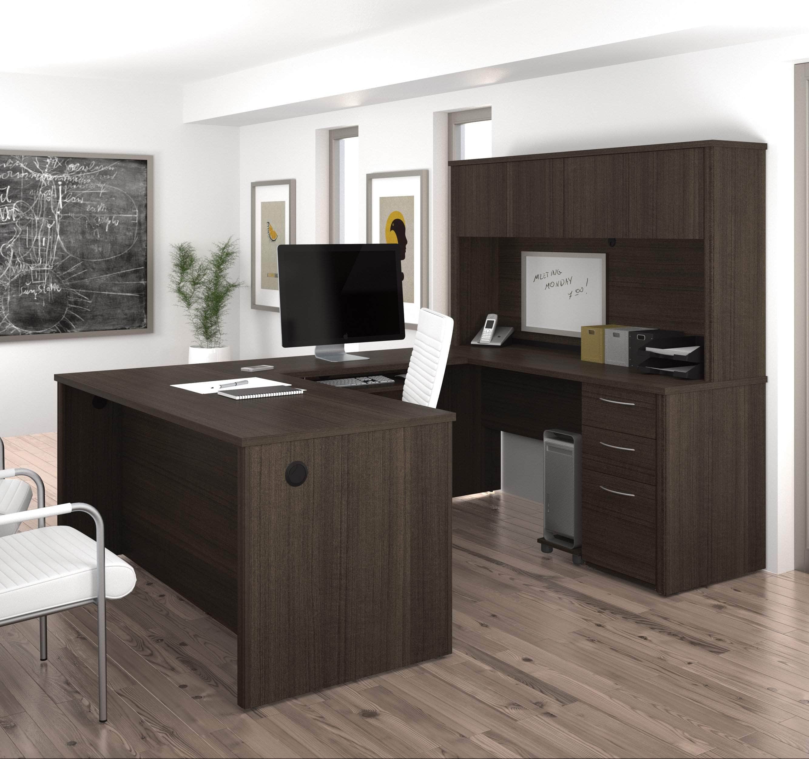 Embassy U-Shaped Executive Desk with Pedestal & Hutch - Dark Chocolate Finish - Home Office & Business Workspace Solution
