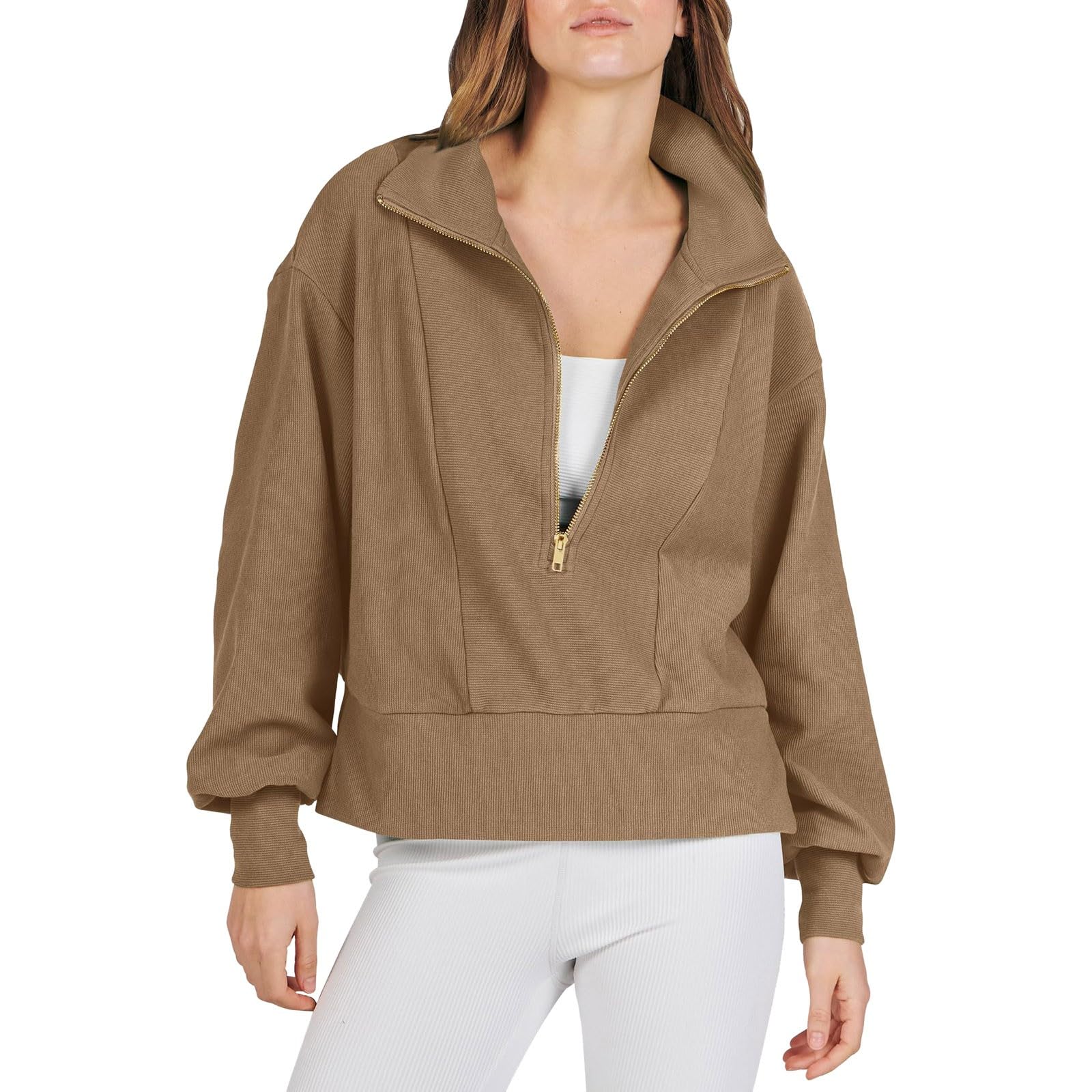 Women's Half Zip Cropped Sweatshirt - Fleece Quarter Zip Pullover with Rib Knit Detail | Y2K Fashion for Fall 2023 | Perfect for Casual Outfits, Layering & Streetwear Looks