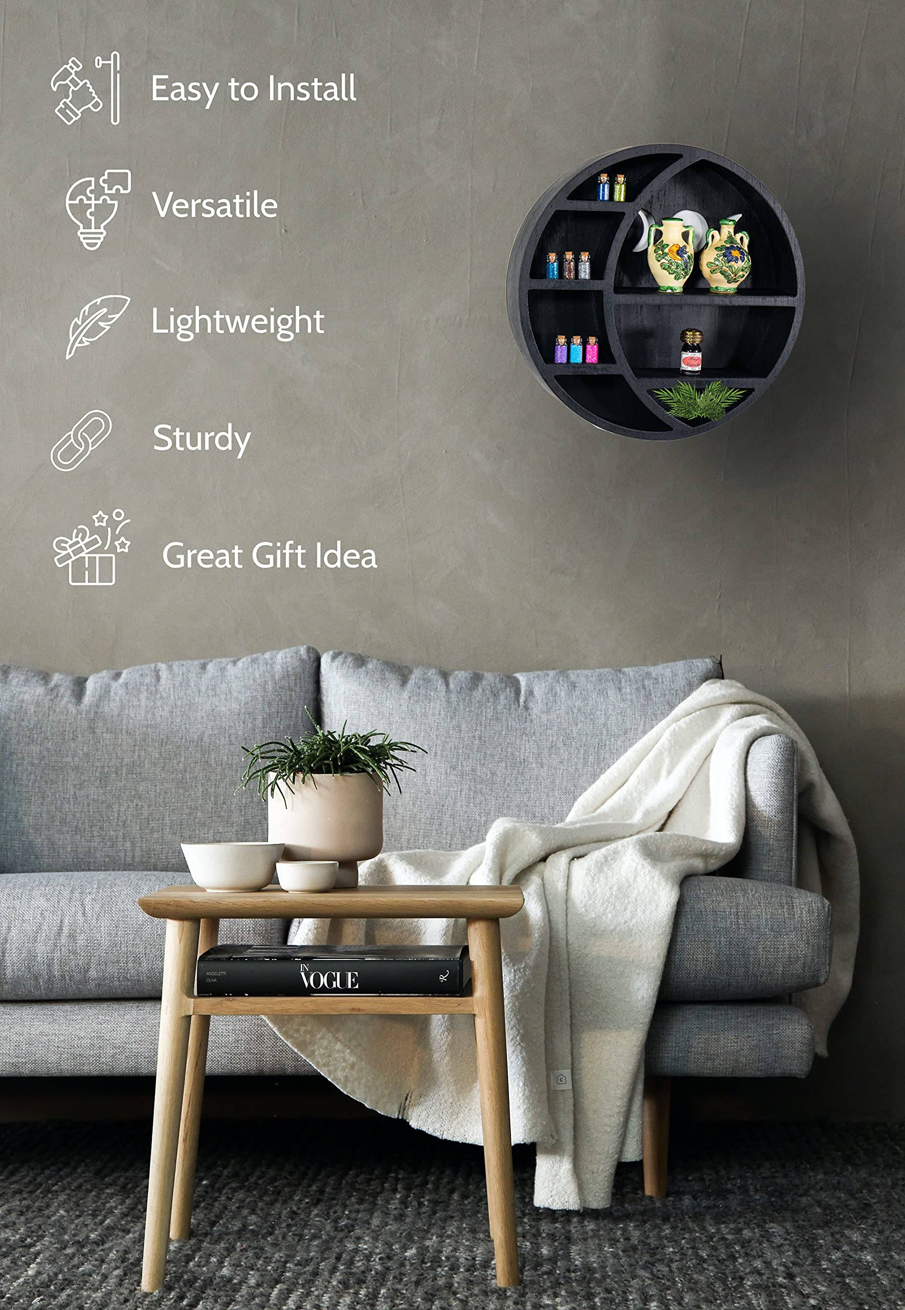 Wooden Black Full Moon Floating Shelf - Wall Mounted Hanging Rack for Living Room & Kitchen Decor | Moon Shaped Wall Shelf for Home, Bedroom, Office | Perfect for Displaying Plants, Books & Decorative Items