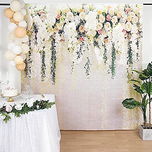 8 ft Vinyl Photography Backdrop White Roses Printed - Wedding Reception Party Decor, Bridal Shower Birthday Photo Booth Background
