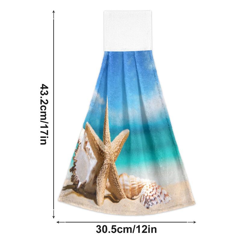 2PCS Beach Seashells & Starfish Hanging Kitchen Towels - Absorbent Dish Cloth with Loop for Oven, Stove & Bathroom - Summer Coastal Home Decor Hand Towel Set for Kitchen & Beach House Decorations