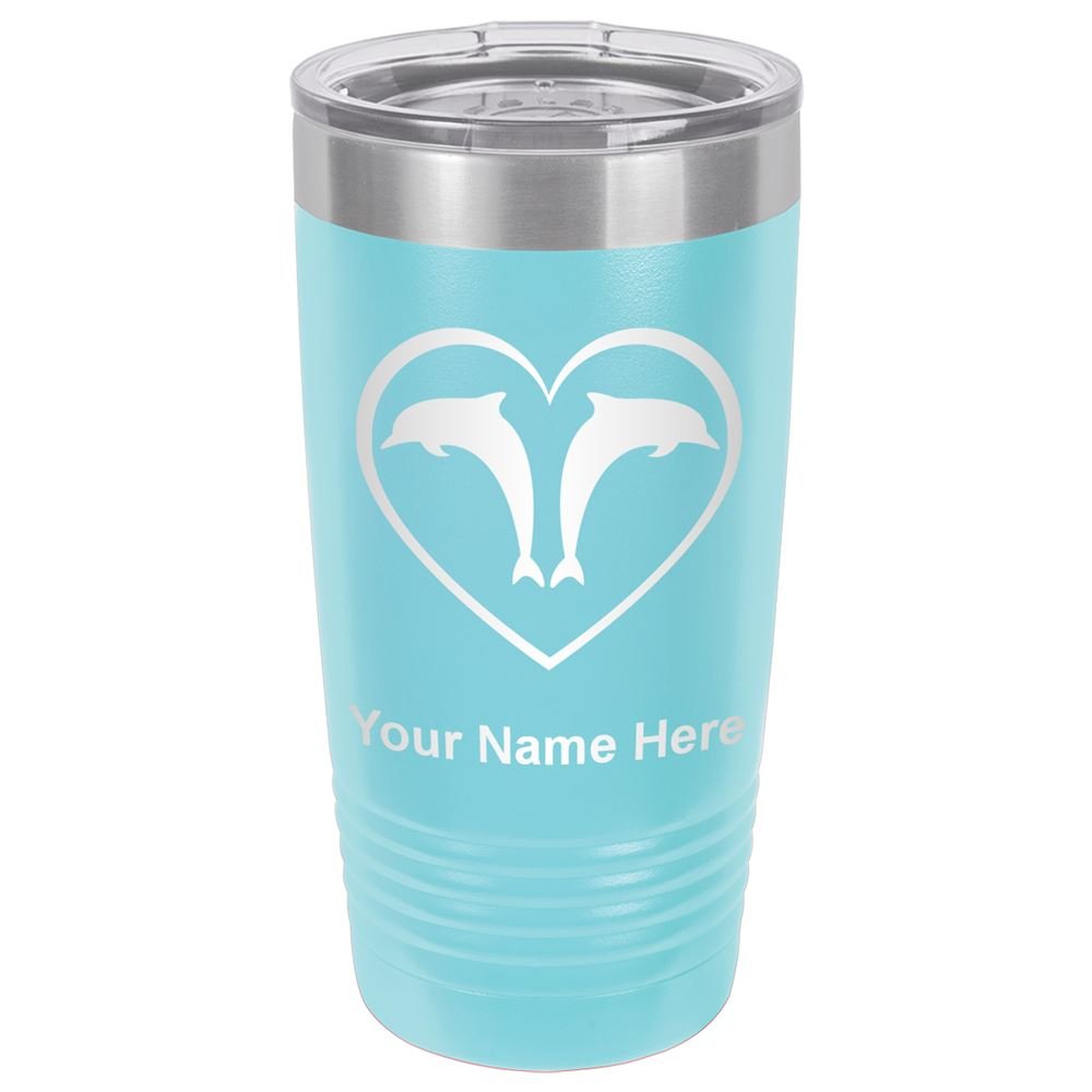 LaserGram 20oz Vacuum Insulated Stainless Steel Tumbler with Lid - Personalized Engraved Dolphin Heart Design (Light Blue) - Keeps Drinks Hot/Cold for Hours - Perfect for Coffee, Tea, Office, Travel & Outdoor Activities