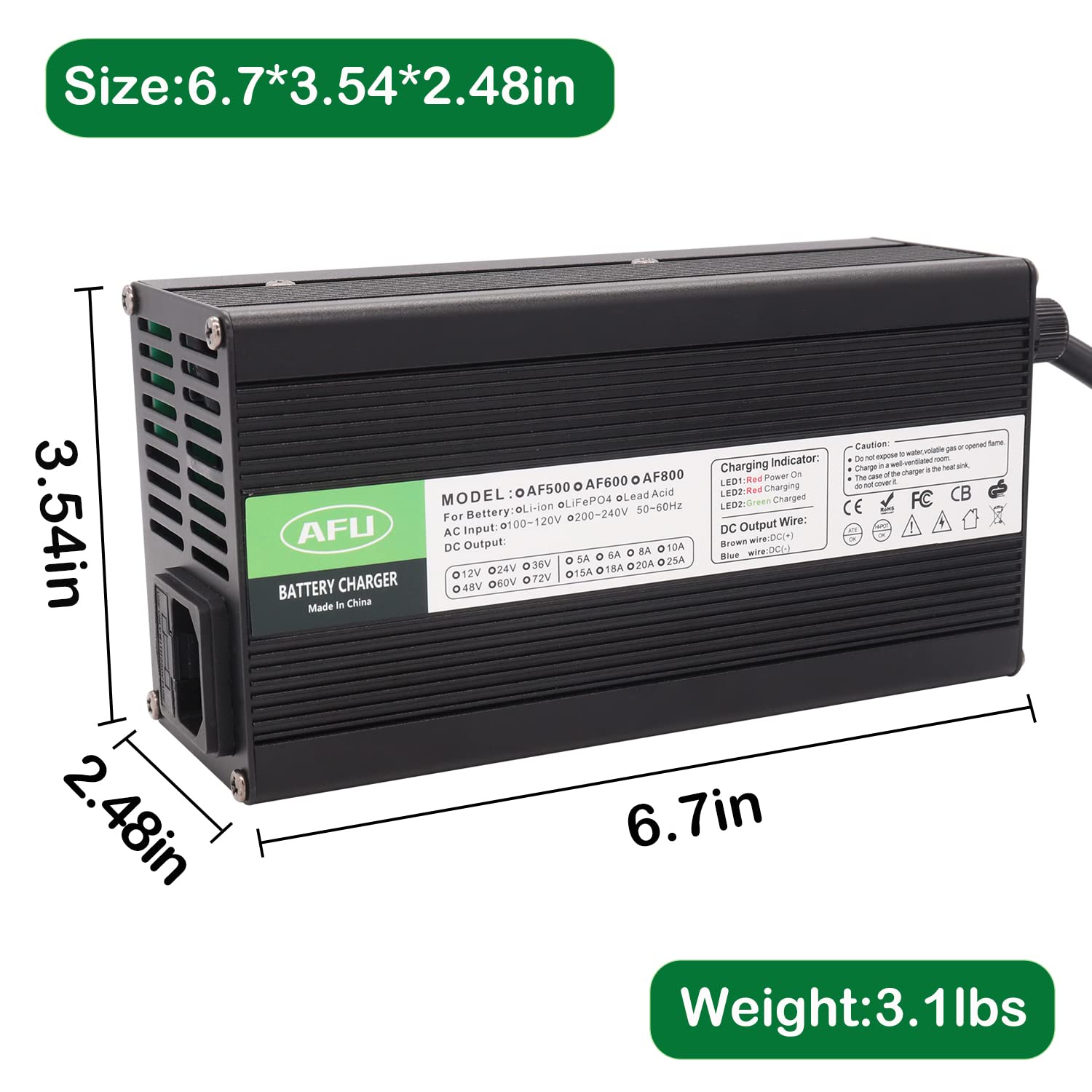 58.4V 10A Smart LiFePO4 Battery Charger for 16S 48V Lithium Iron Phosphate Battery Packs - Alligator Clip Connector Included - Perfect for Golf Carts, Solar Energy Storage & Electric Scooters