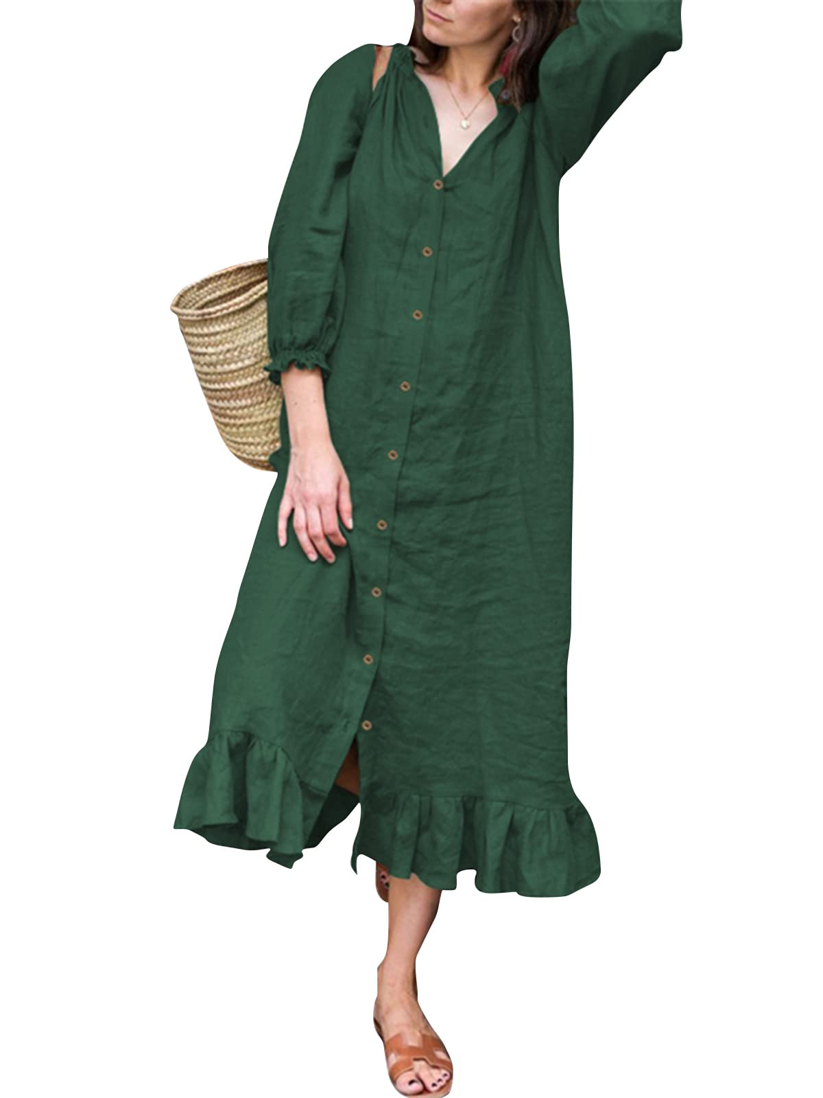 Zanzea Women's Cotton Kaftan Maxi Dress with 3/4 Sleeves, Button Front & Pockets - Comfortable O-Neck Boho Dress for Beach, Vacation & Summer Wear