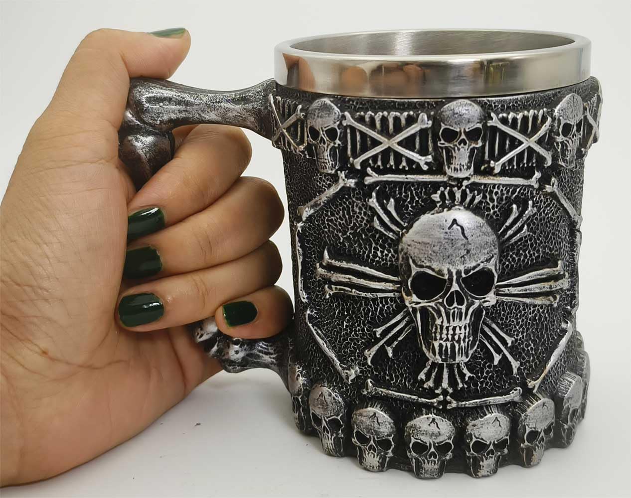 Viking Skull Coffee Mug 14oz - Stainless Steel Insulated Reusable Cup with Handle for Hot & Cold Drinks - Perfect for Coffee, Tea, Beer, Milk - Great Halloween Barware, Party Cup & Unique Gift for Men & Women