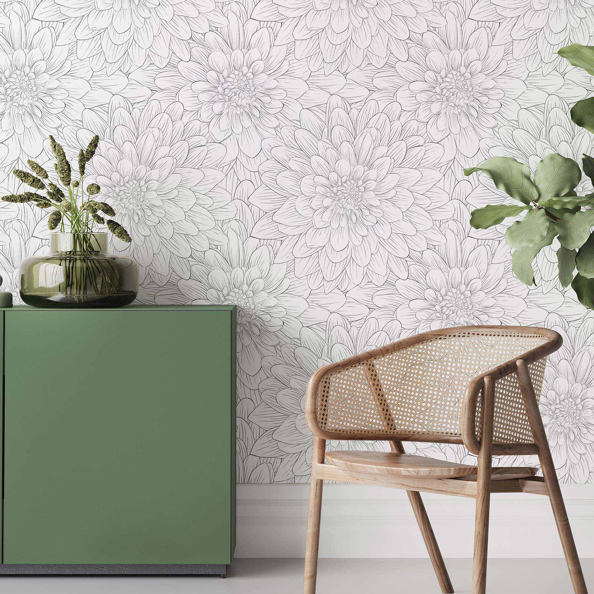 Black and White Floral Peel and Stick Removable Wallpaper - Self-Adhesive Decorative Wall Covering for Bedroom, Living Room, Office & Home Decor