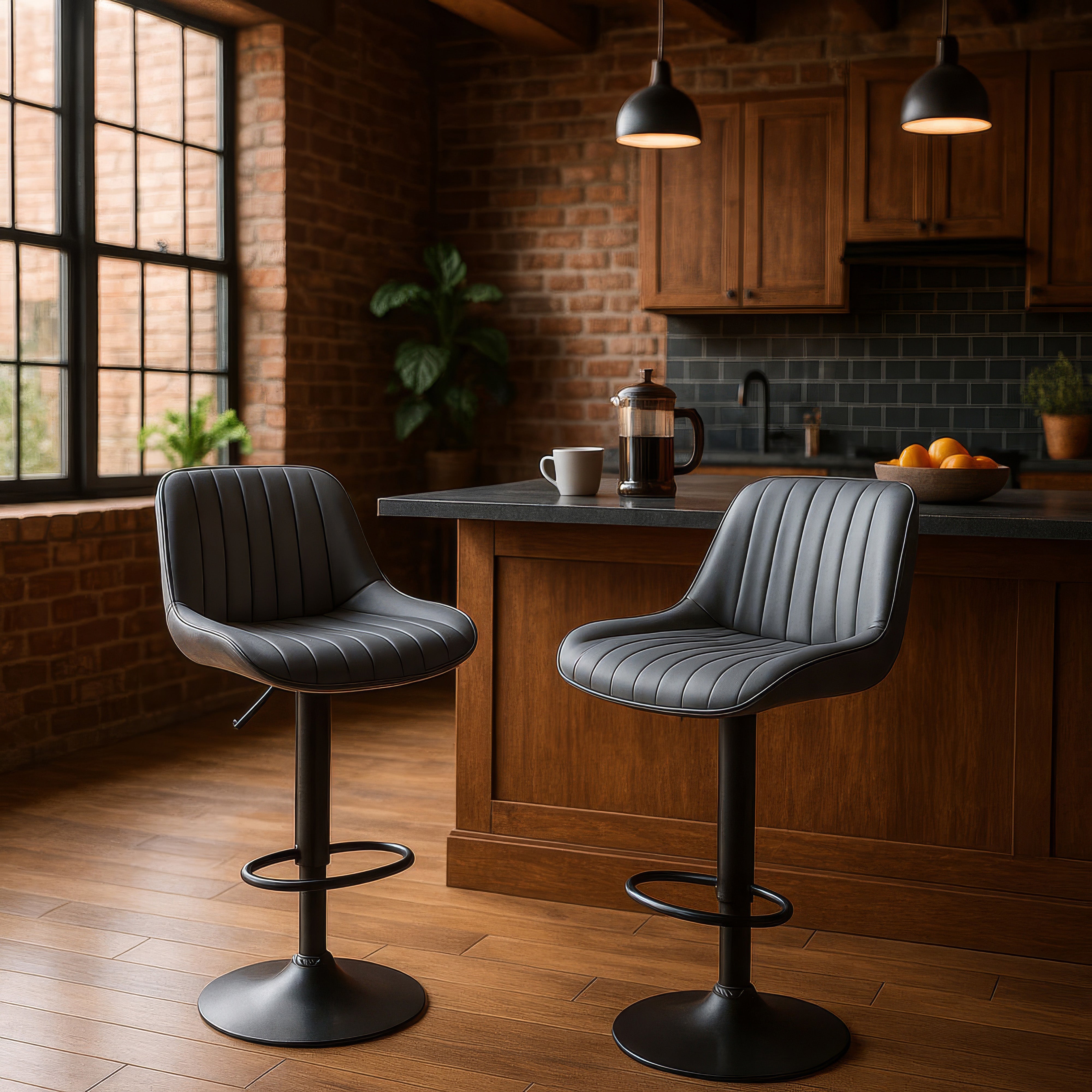 Urban Style Black Metal Bar Stools with Grey PU Seat - Adjustable Gas Lift Height - Set of 2 - Perfect for Kitchen Island, Home Bar & Dining Counter